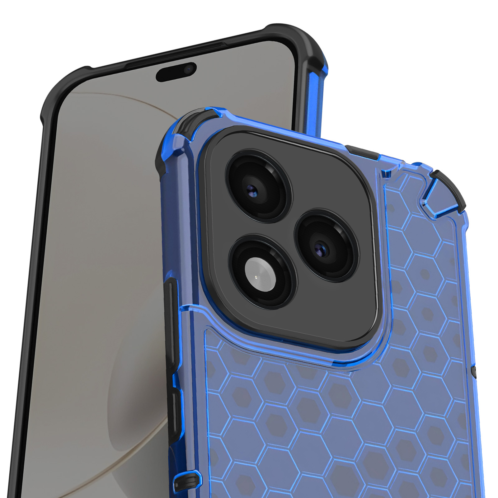 Primo piano di un telefono in una custodia blu. La custodia ha un motivo a nido d'ape e protegge la fotocamera del telefono. Il telefono è nero.