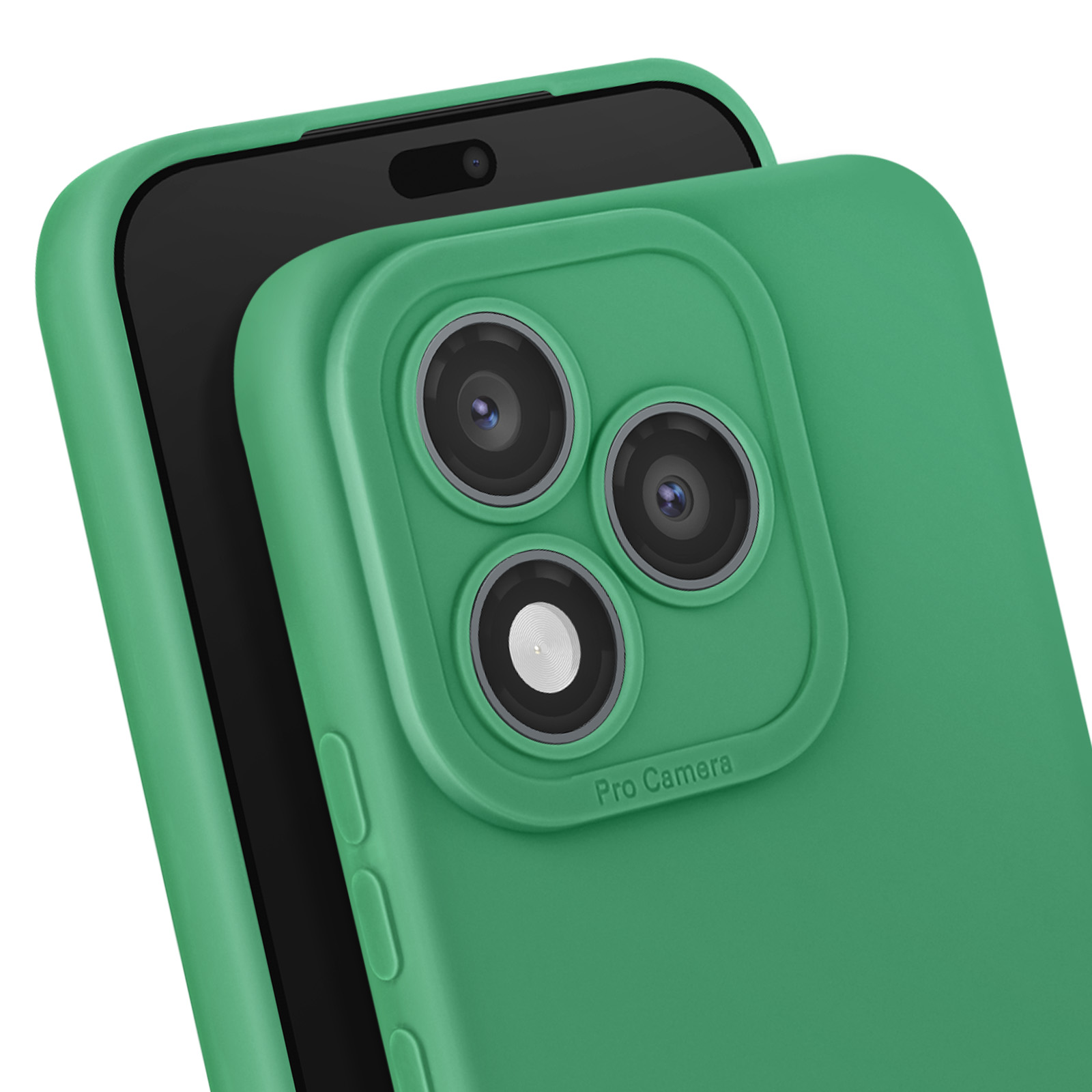 Custodia verde per telefono con tre obiettivi. Schermo nero del telefono visibile. Testo 'Pro Camera'.