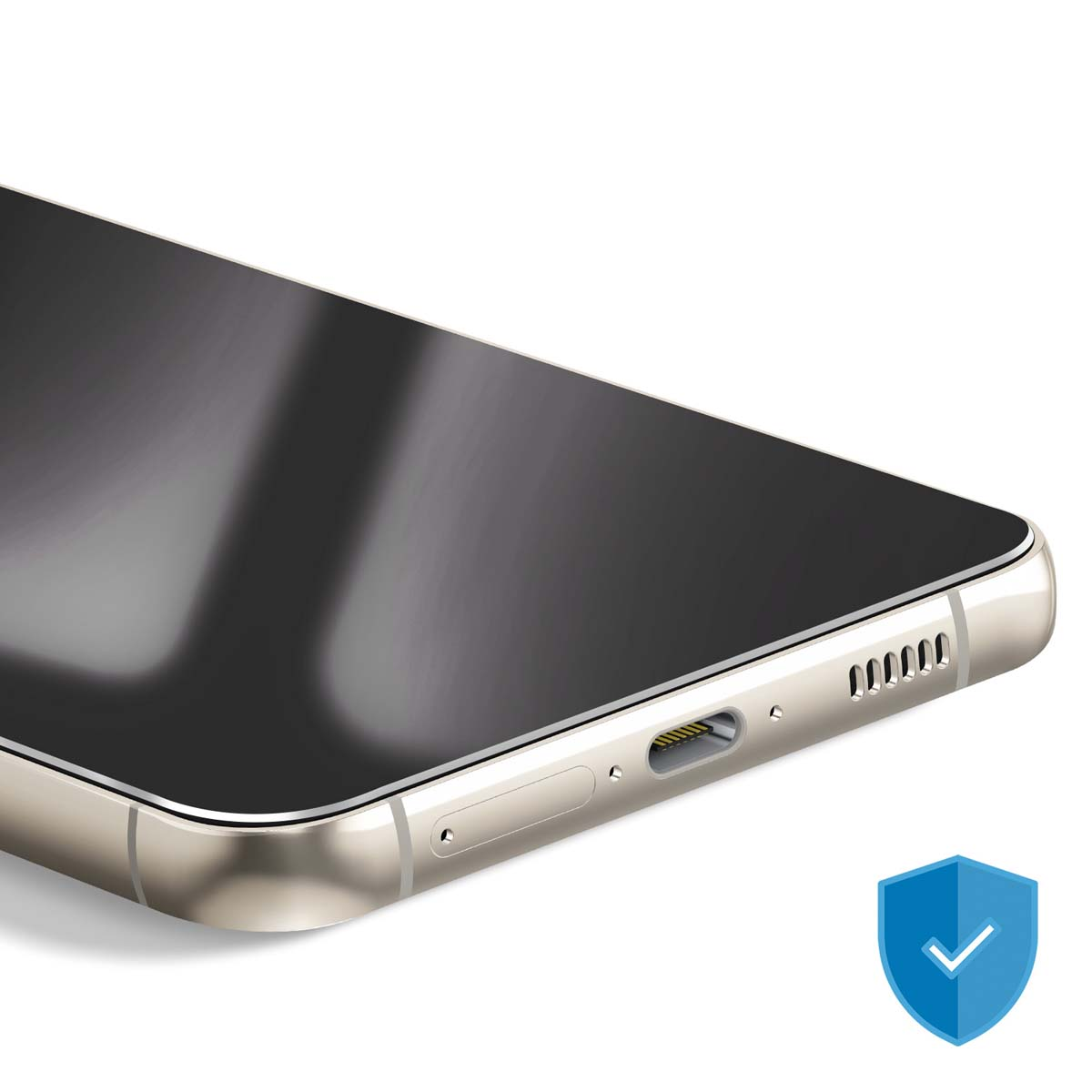 Gros plan d'un smartphone avec écran noir et cadre métallique. Un bouclier bleu avec une coche est dans le coin.