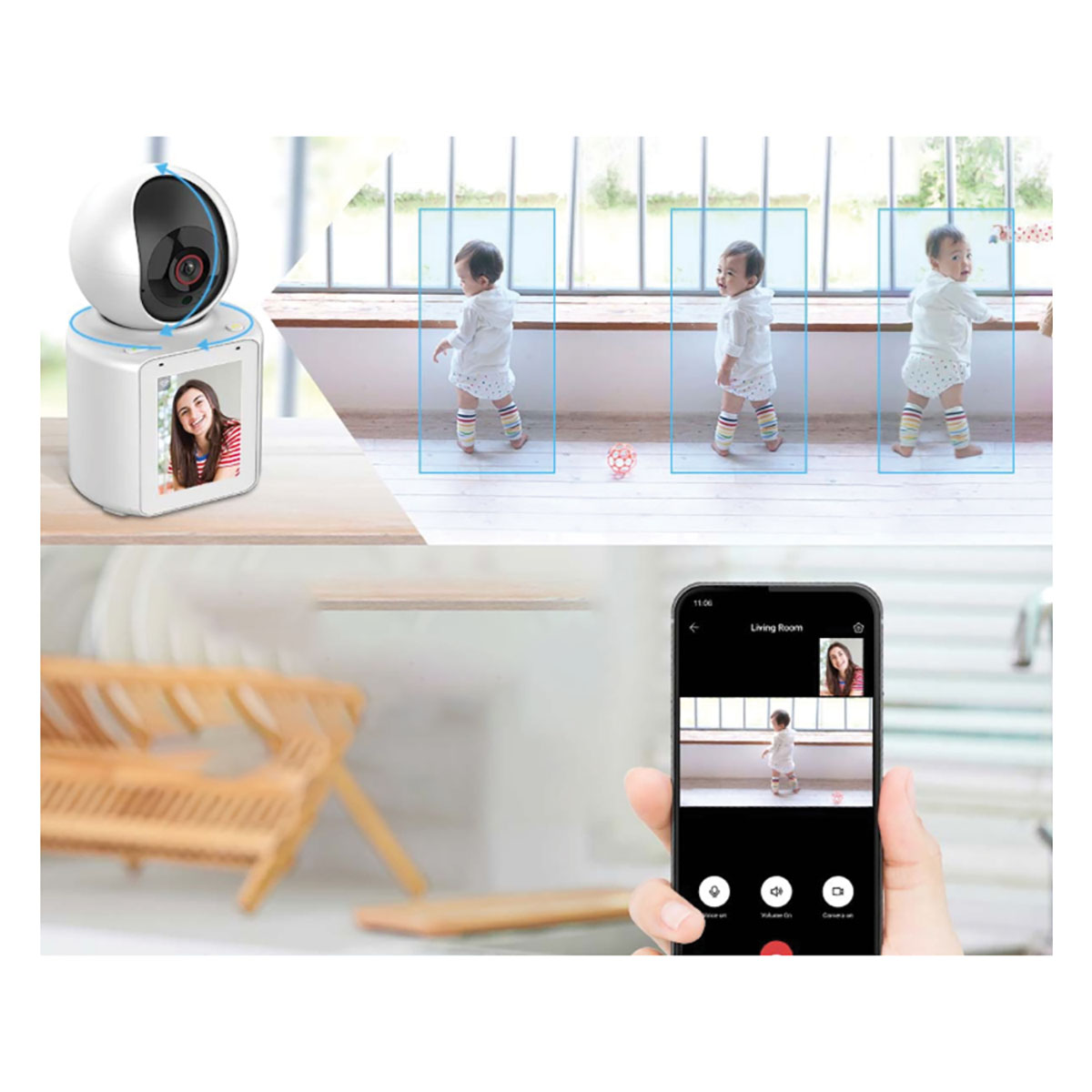Ein Babyphone zeigt ein Baby, ein Telefon mit Live-Feed und eine Kamera. Die Frau lächelt aus der Kameraansicht.