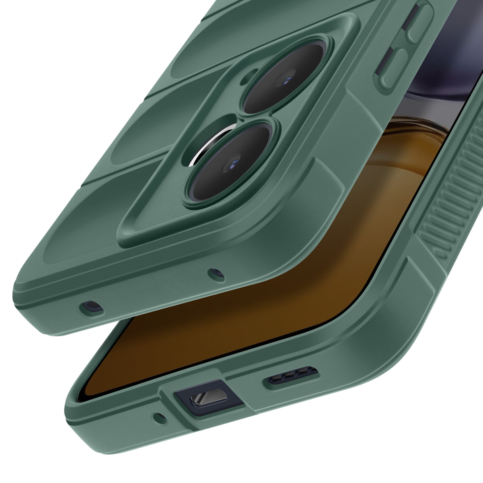Primo piano di una custodia verde per telefono con ritagli per fotocamera e un proteggi schermo marrone.
