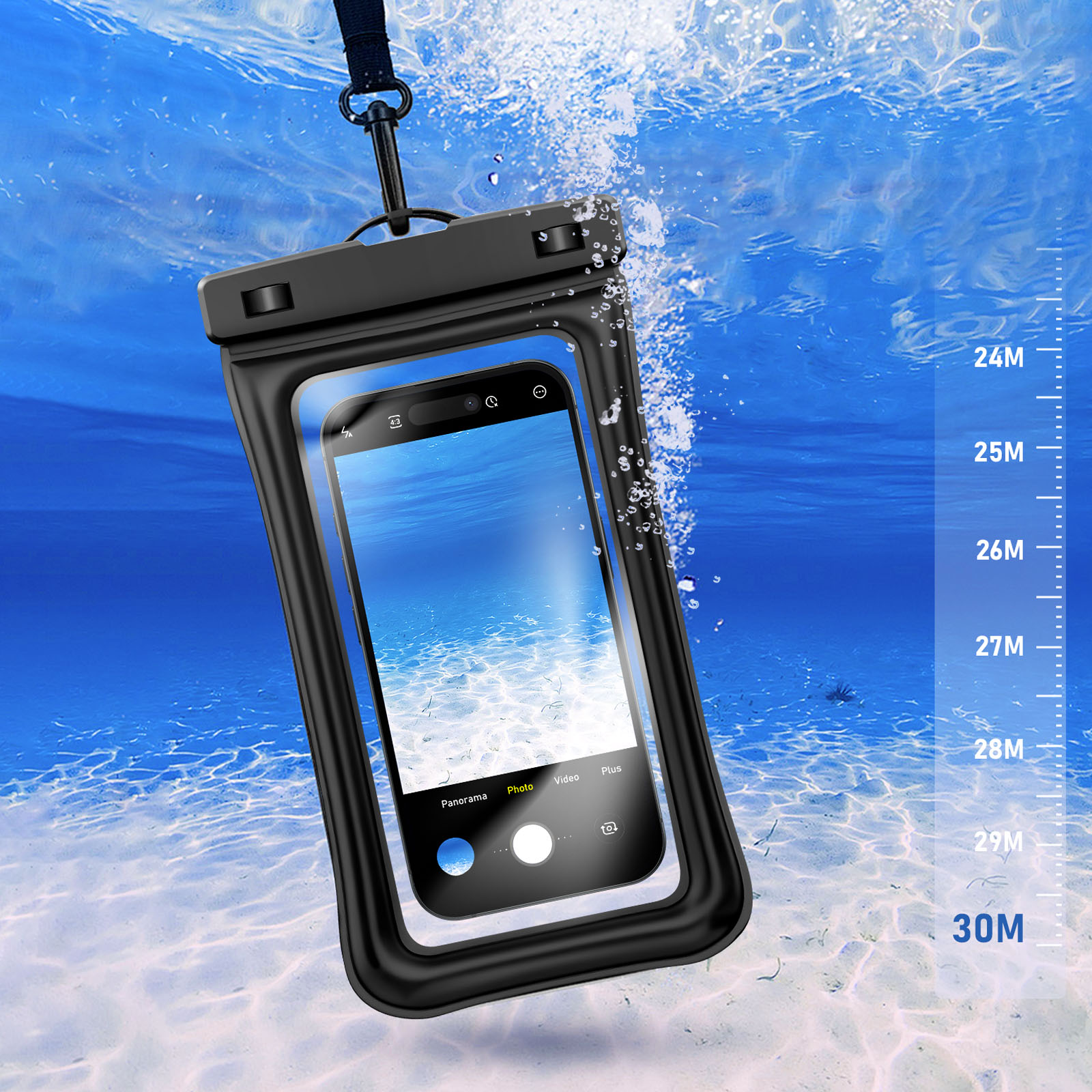 Un telefono in una custodia impermeabile sott'acqua. Il telefono mostra un'interfaccia fotografica. Sono visibili bolle e indicatori di profondità.