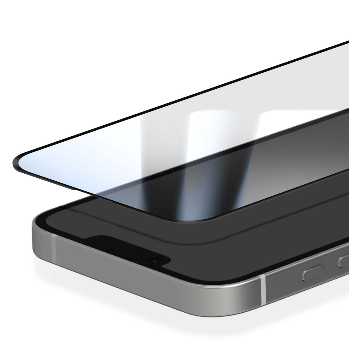 Un smartphone avec un protecteur d'écran en cours d'application. Le téléphone est argenté, le protecteur est transparent et le fond est blanc.