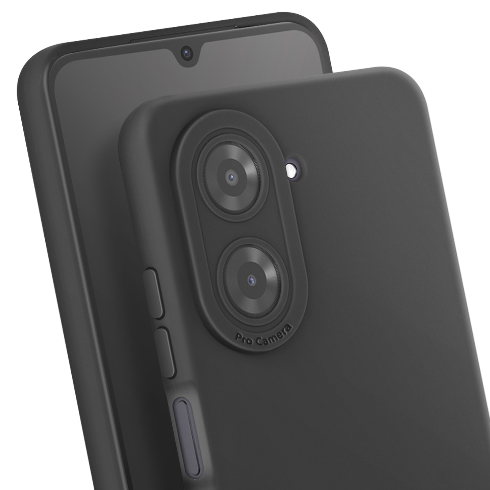 Primo piano di due smartphone neri. Uno è sopra, mostrando fotocamere e una fotocamera frontale. L'altro telefono è sfocato.