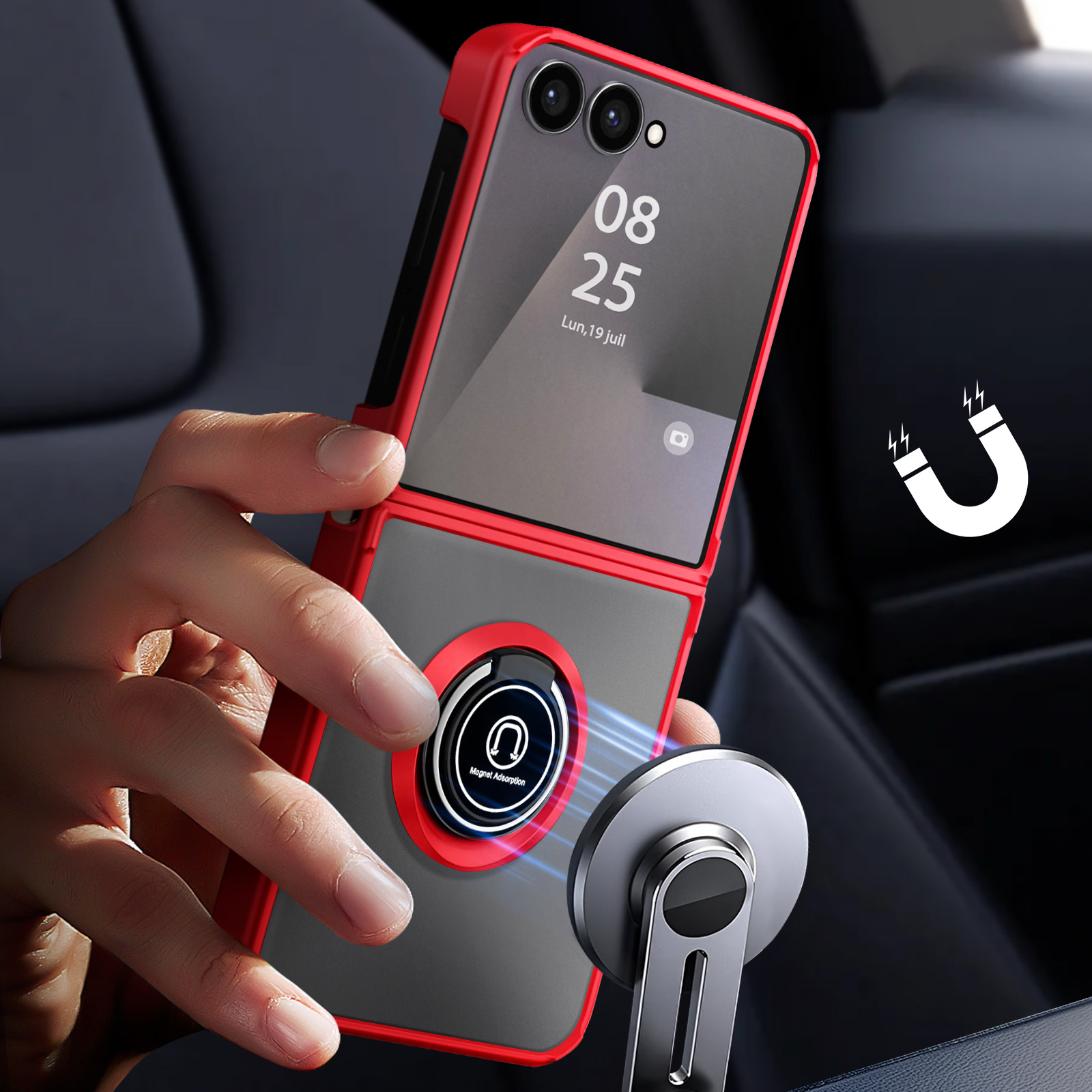 Une main tient une coque de téléphone rouge et grise avec un anneau magnétique. L'écran affiche la date. Un support de voiture magnétique est présent.
