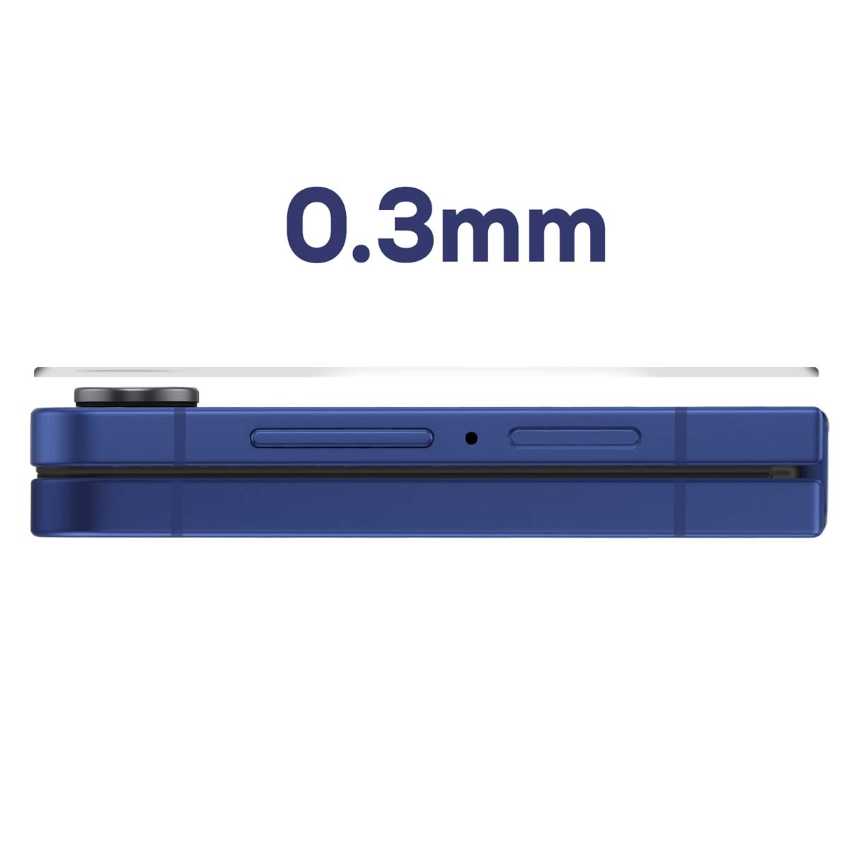 Un téléphone bleu est vu de côté, avec le texte '0.3mm' au-dessus. Une fine ligne sépare les deux parties du téléphone.