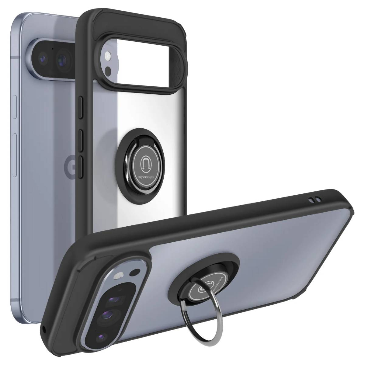Trois étuis de téléphone : deux bordés de noir avec des anneaux, un téléphone argenté. Dos transparent avec symbole d'aimant. Anneaux argentés.