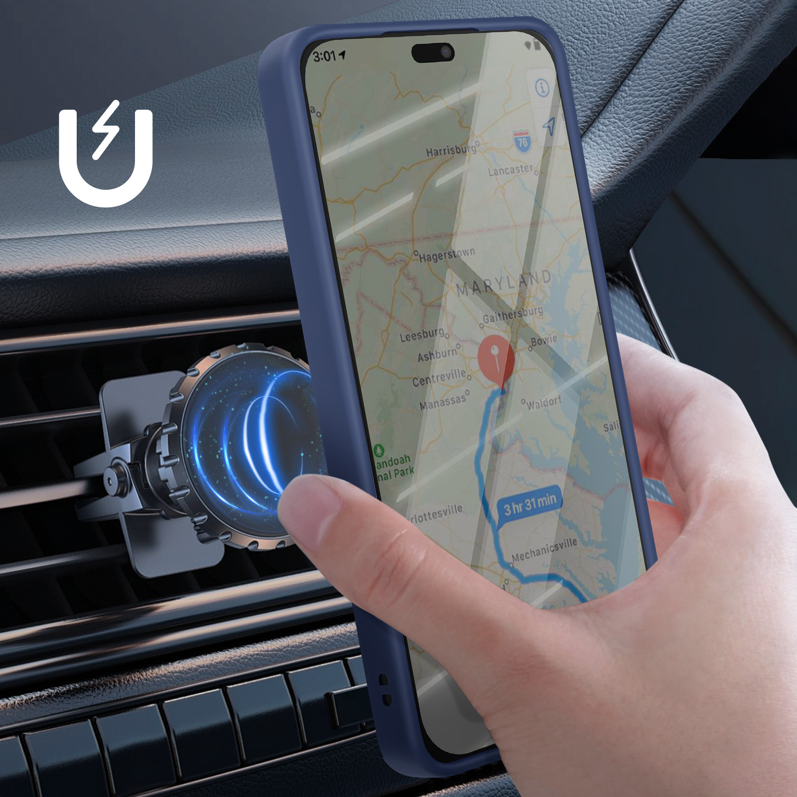 Un telefono che mostra una mappa è tenuto vicino a una presa d'aria dell'auto, montato su un supporto magnetico.