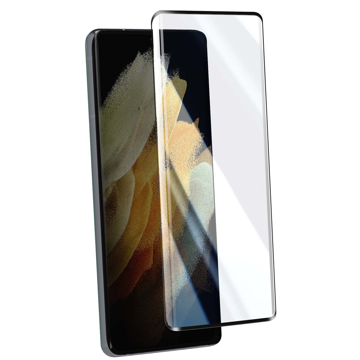 Un smartphone avec un protecteur d'écran. Le téléphone est noir et le protecteur transparent. Le fond est blanc.