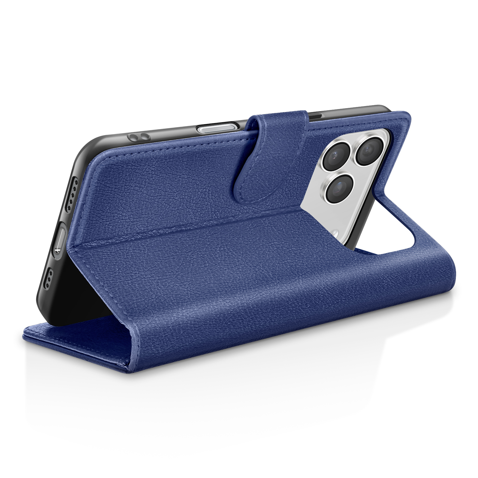Un étui de téléphone en cuir bleu avec un téléphone à l'intérieur. L'étui est ouvert, montrant l'appareil photo et l'écran.
