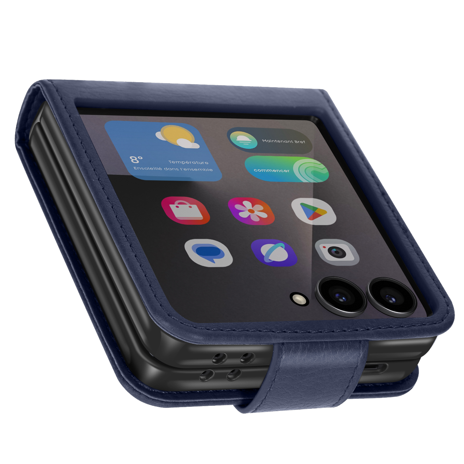 Una custodia blu navy che tiene uno smartphone con app visibili. È un design pieghevole con cinturino.