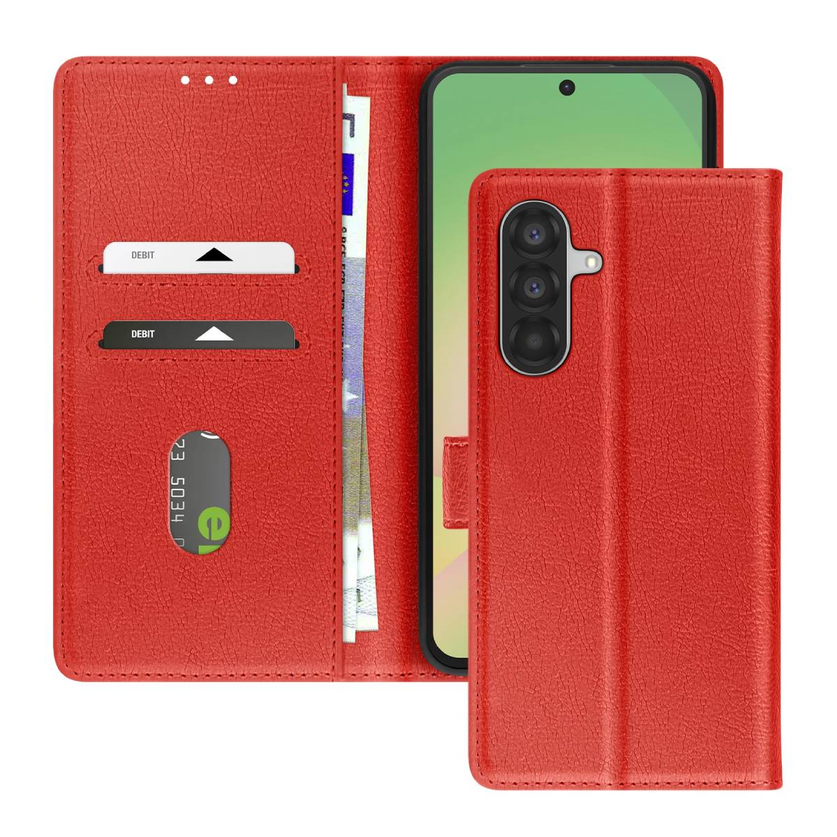 Eine rote Handyhülle mit einem Telefon darin. Die Hülle hat Kartenfächer und ein Geldfach. Es gibt Karten und Geld in der Hülle.