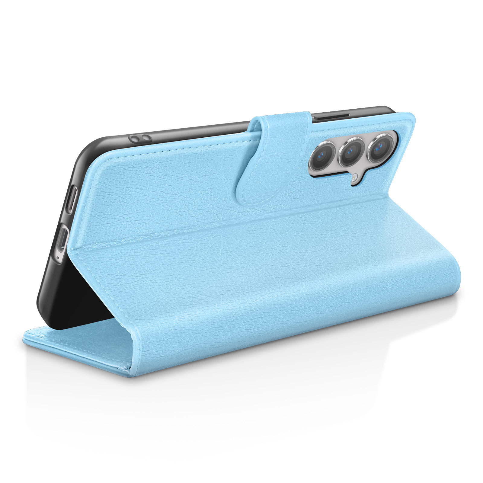 Étui de téléphone bleu clair ouvert, avec téléphone noir à l'intérieur. Surface texturée et fermoir magnétique.