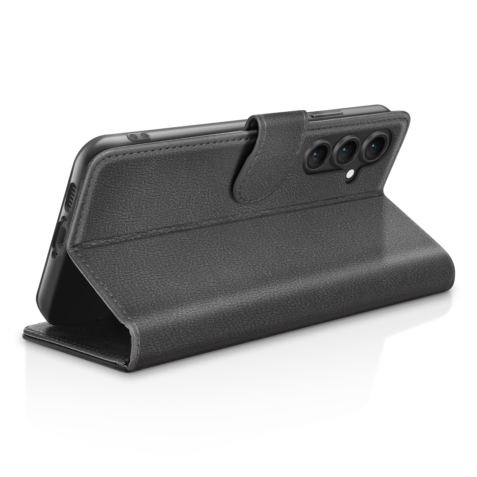 Un étui de téléphone noir est ouvert, montrant un smartphone. L'étui est texturé en cuir et le téléphone a trois caméras.