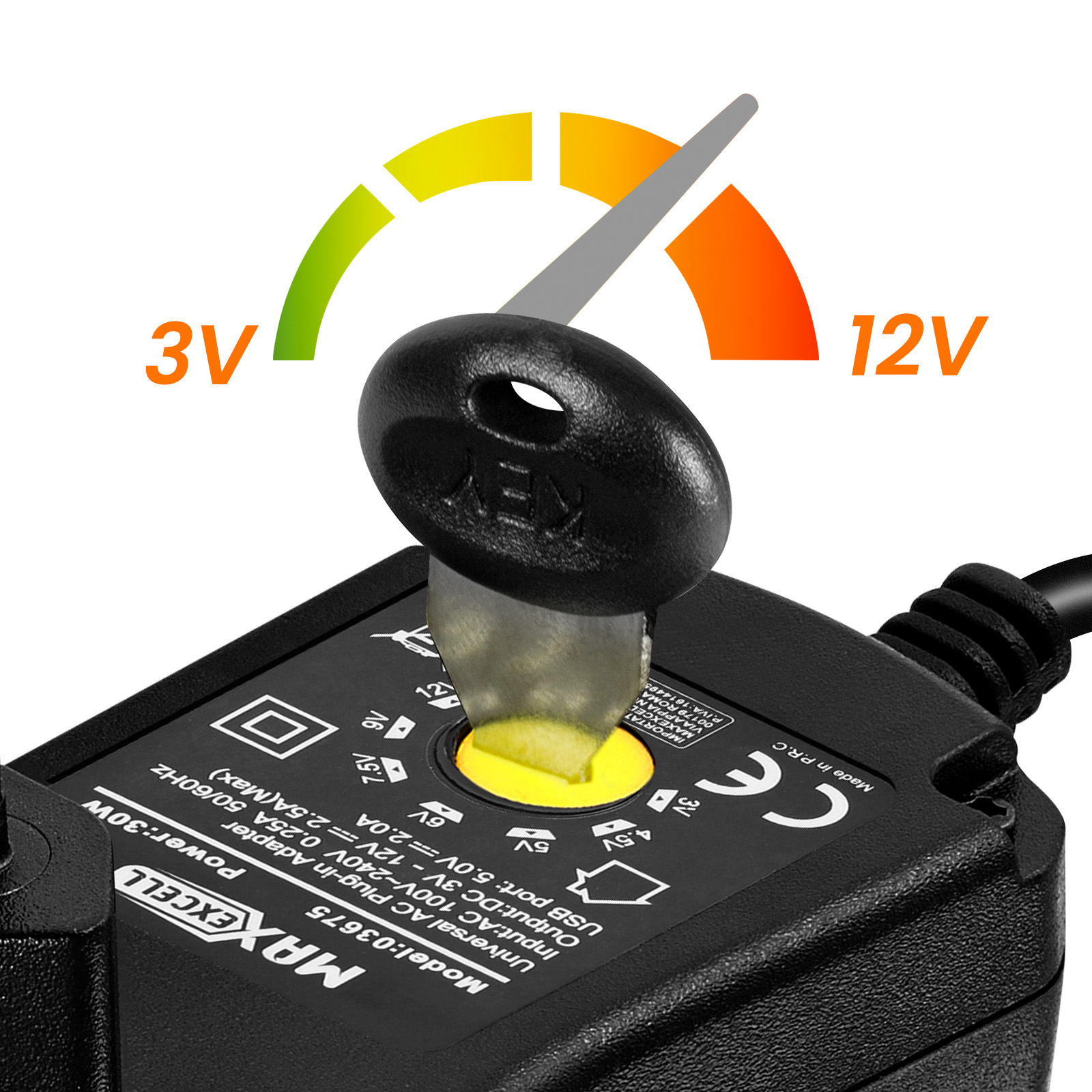 Una chiave nera inserita in un adattatore di alimentazione nero con un indicatore di tensione che mostra 3V e 12V.