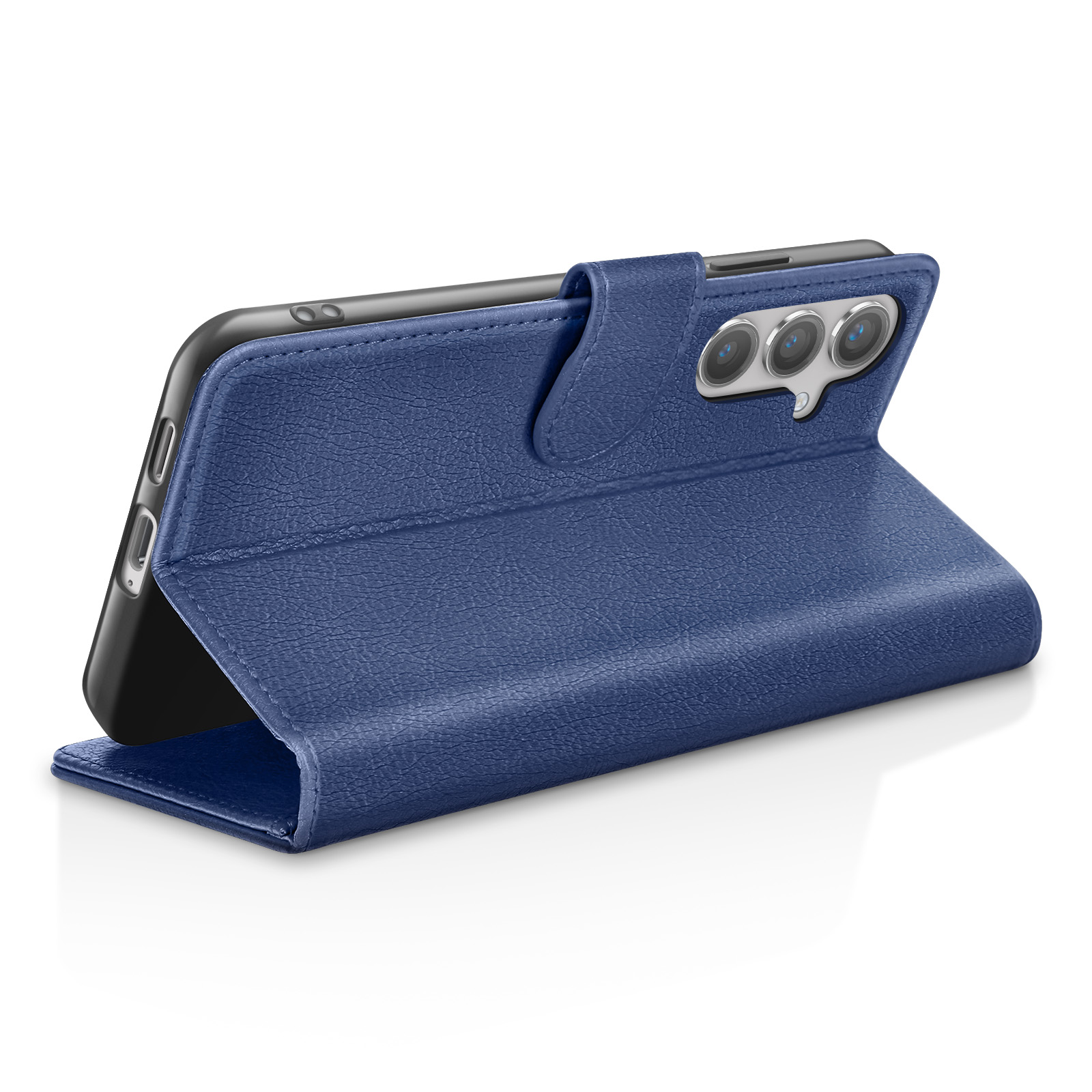 Een blauwe telefoonhoes met een telefoon erin. De hoes is open, toont het scherm en heeft een magnetische sluiting.