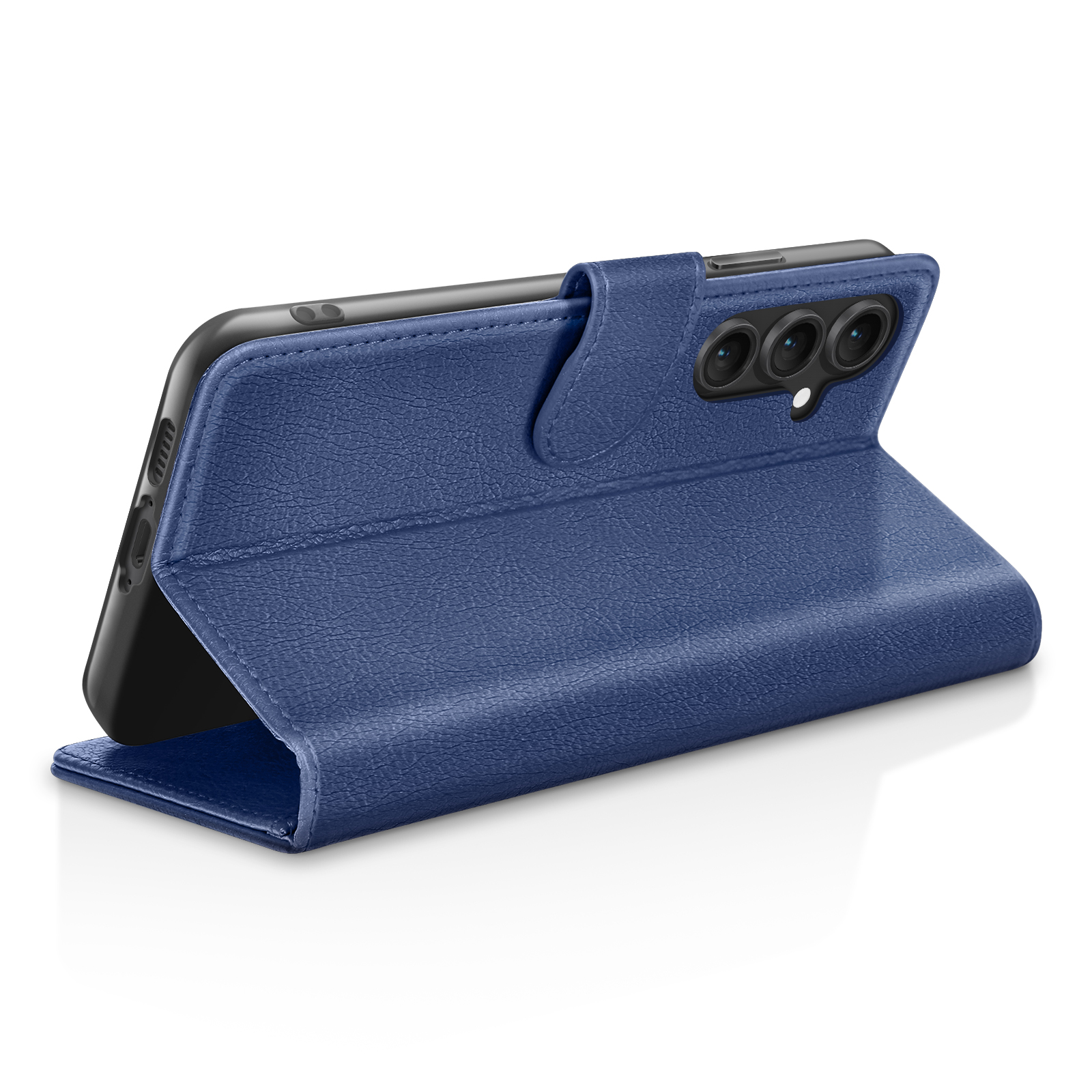 Housse de téléphone bleue protégeant un smartphone noir. L'étui est ouvert, montrant les lentilles et l'écran.
