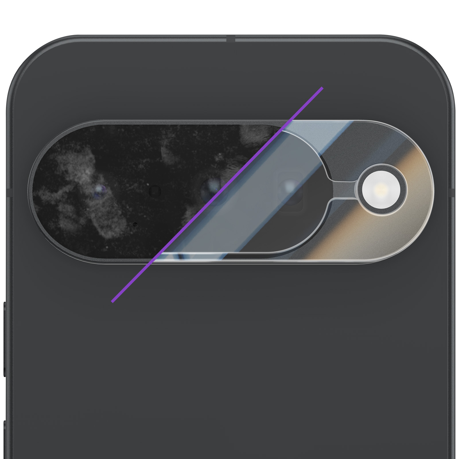 Un primo piano del retro di un telefono grigio scuro con un modulo fotocamera. Una linea viola diagonale taglia l'area della fotocamera.