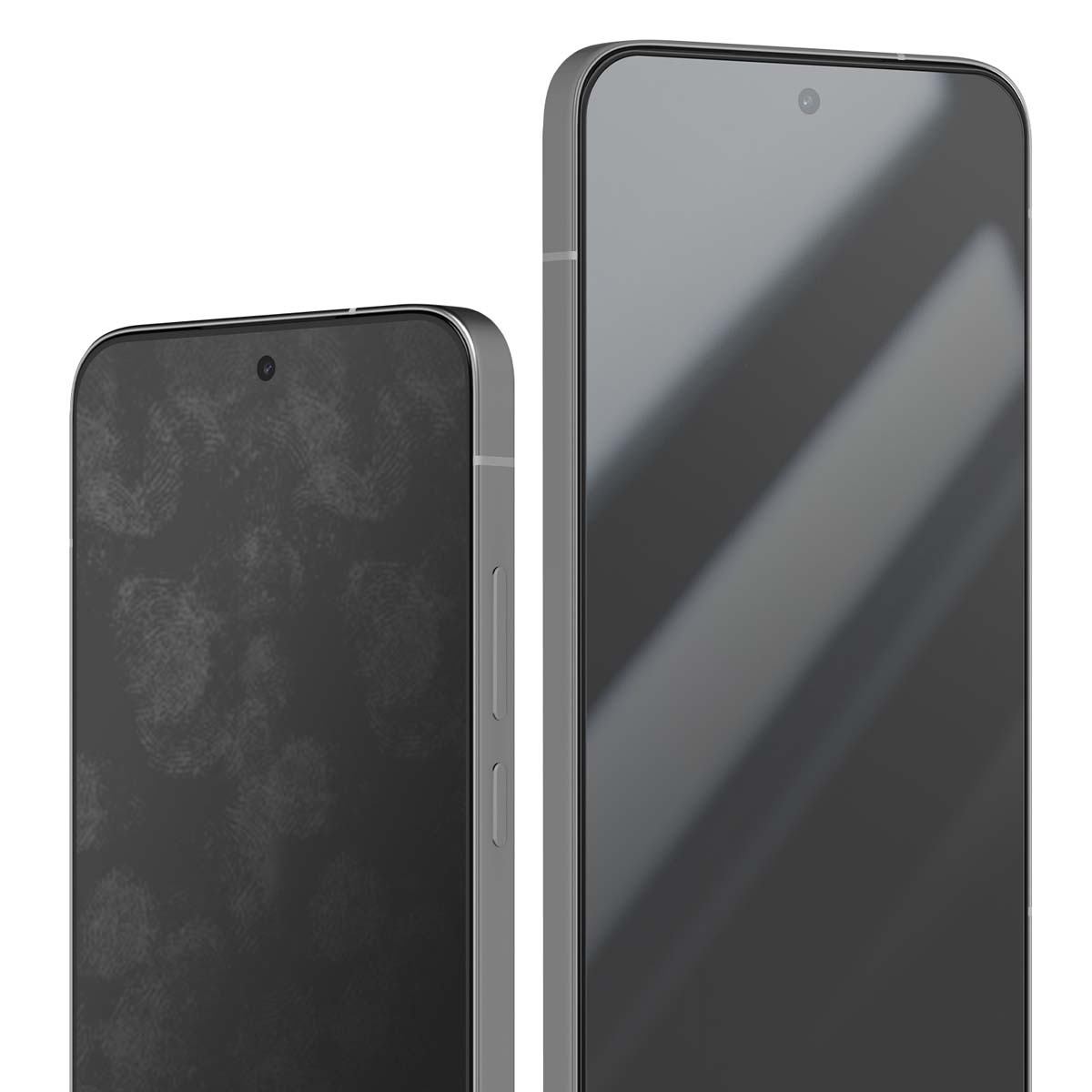 Twee smartphones, een met vingerafdrukken op het scherm. Beide hebben een camera en een zilveren frame. Het scherm van de andere is schoon.