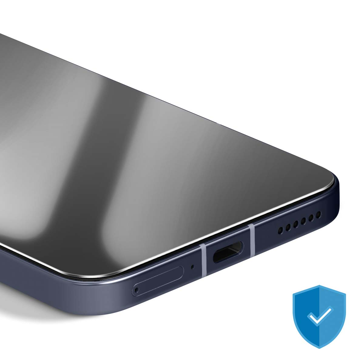 Een close-up van een donkerblauwe smartphone met een schermbeschermer. Een blauw schildpictogram met een vinkje in de hoek.