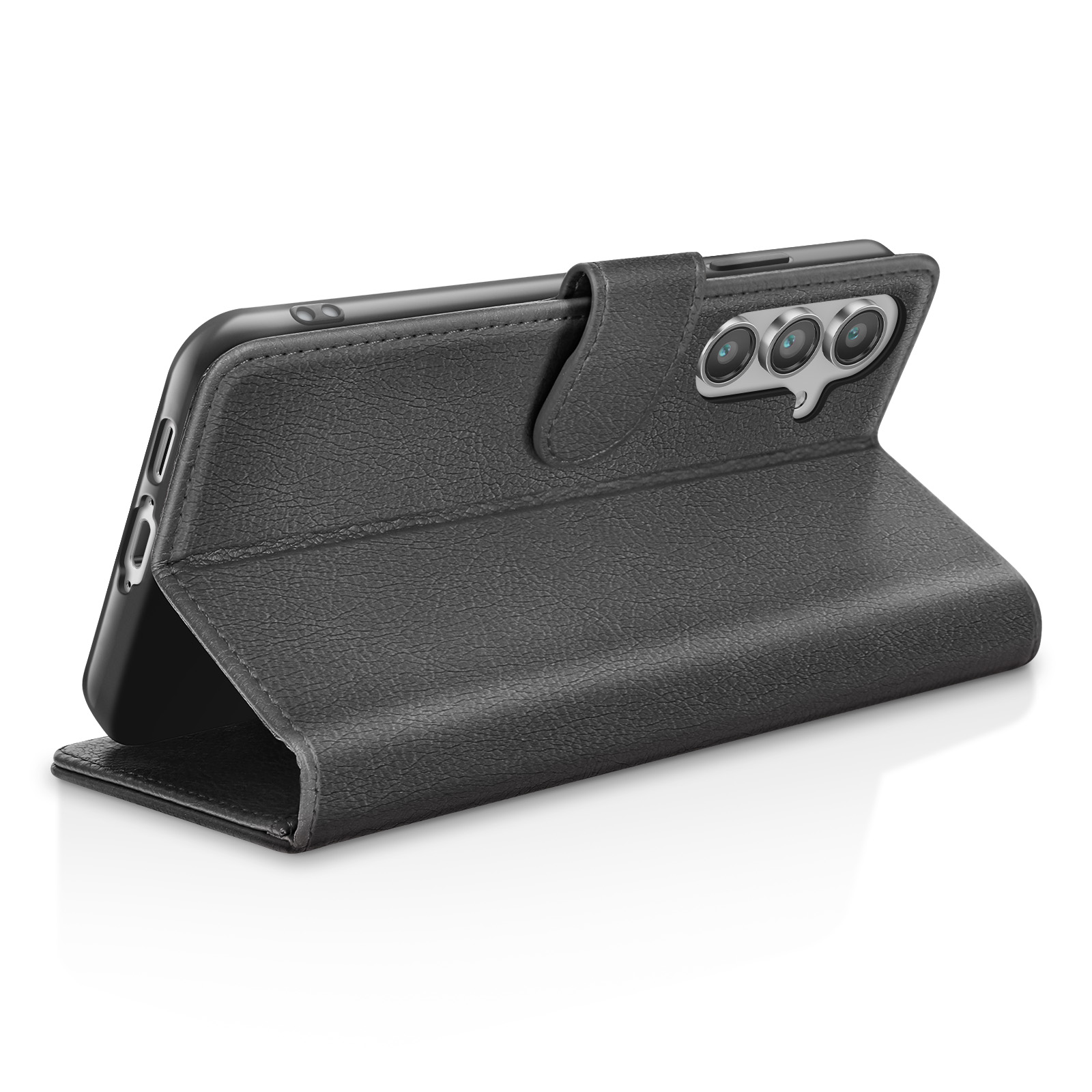 Un étui de téléphone noir avec un téléphone à l'intérieur. L'étui est ouvert, montrant l'arrière du téléphone.