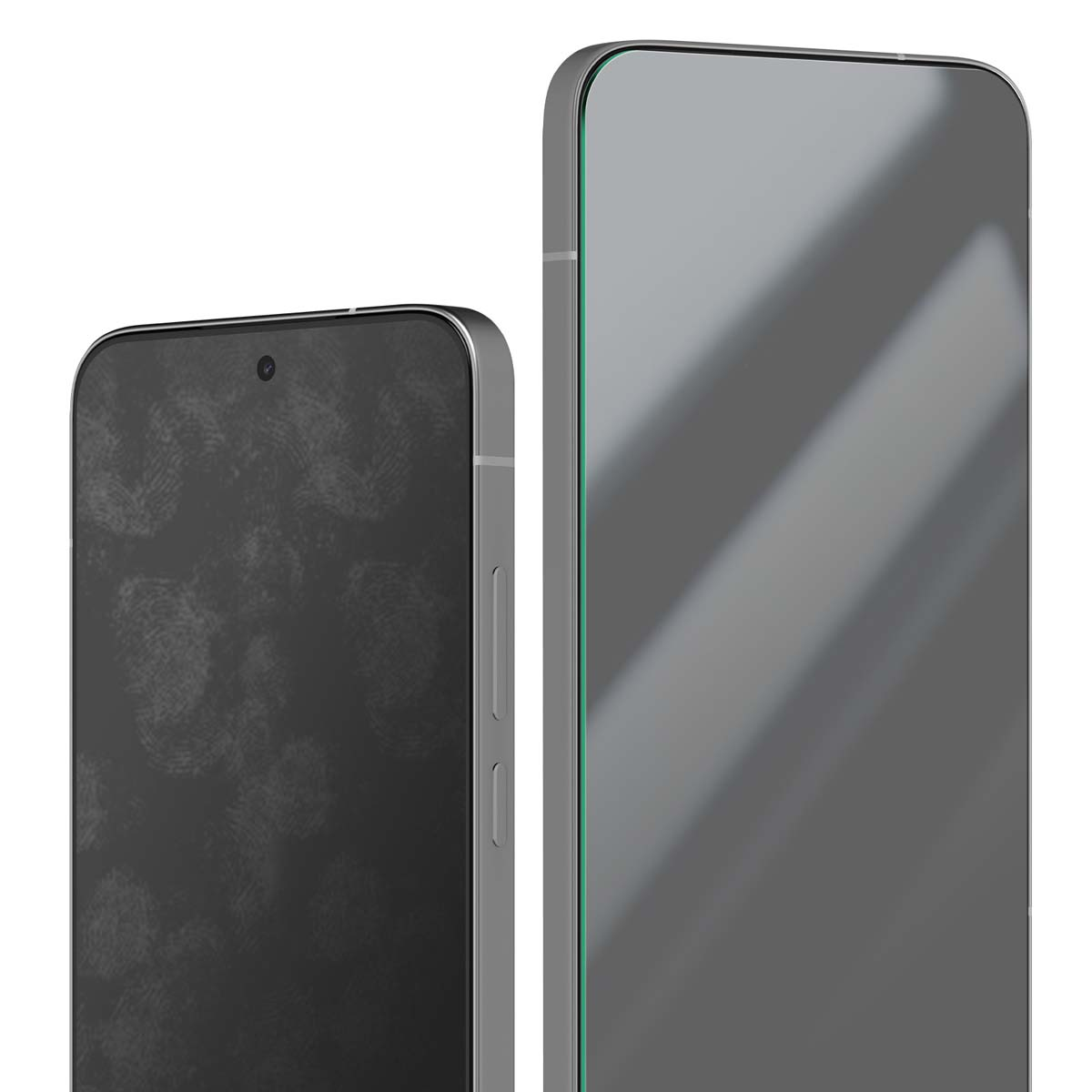 Due smartphone grigi. Uno mostra impronte digitali sullo schermo. L'altro è pulito con un bordo verde.
