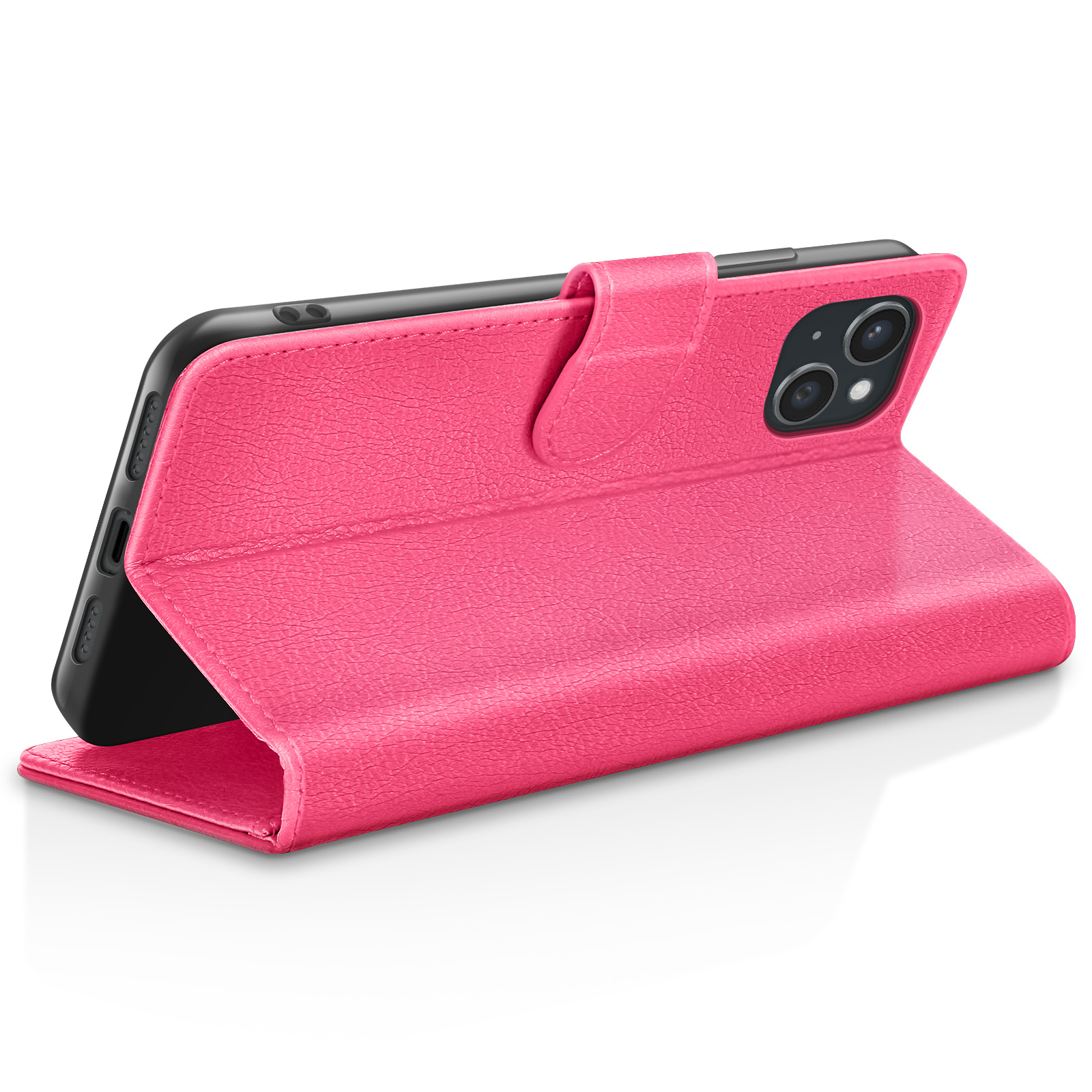 Roze telefoonhoes, open, met een zwarte telefoon. De hoes is leerachtig met een getextureerd oppervlak.