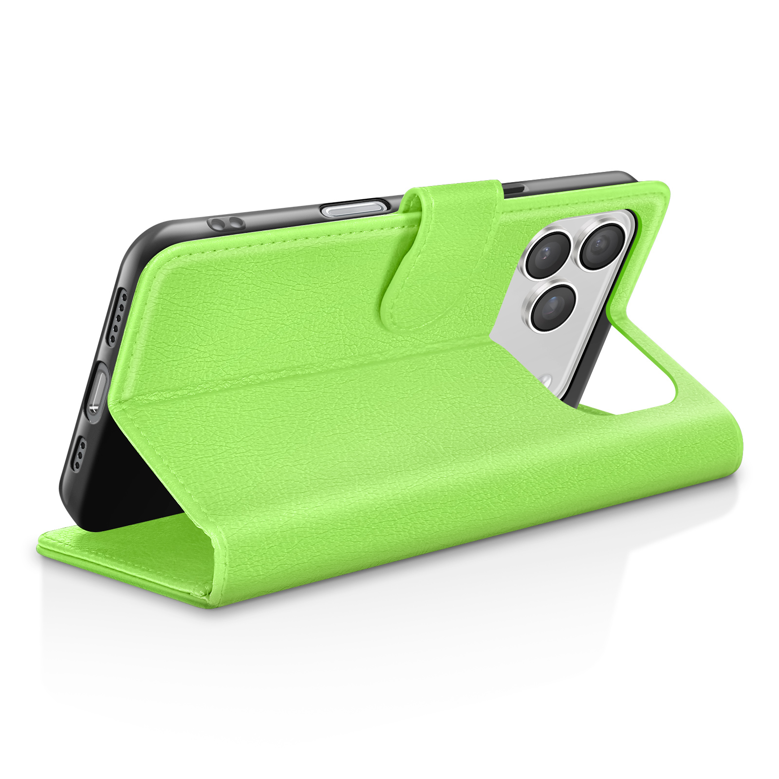 Un étui de téléphone vert avec un téléphone à l'intérieur. L'étui est ouvert, montrant la caméra et l'écran du téléphone.