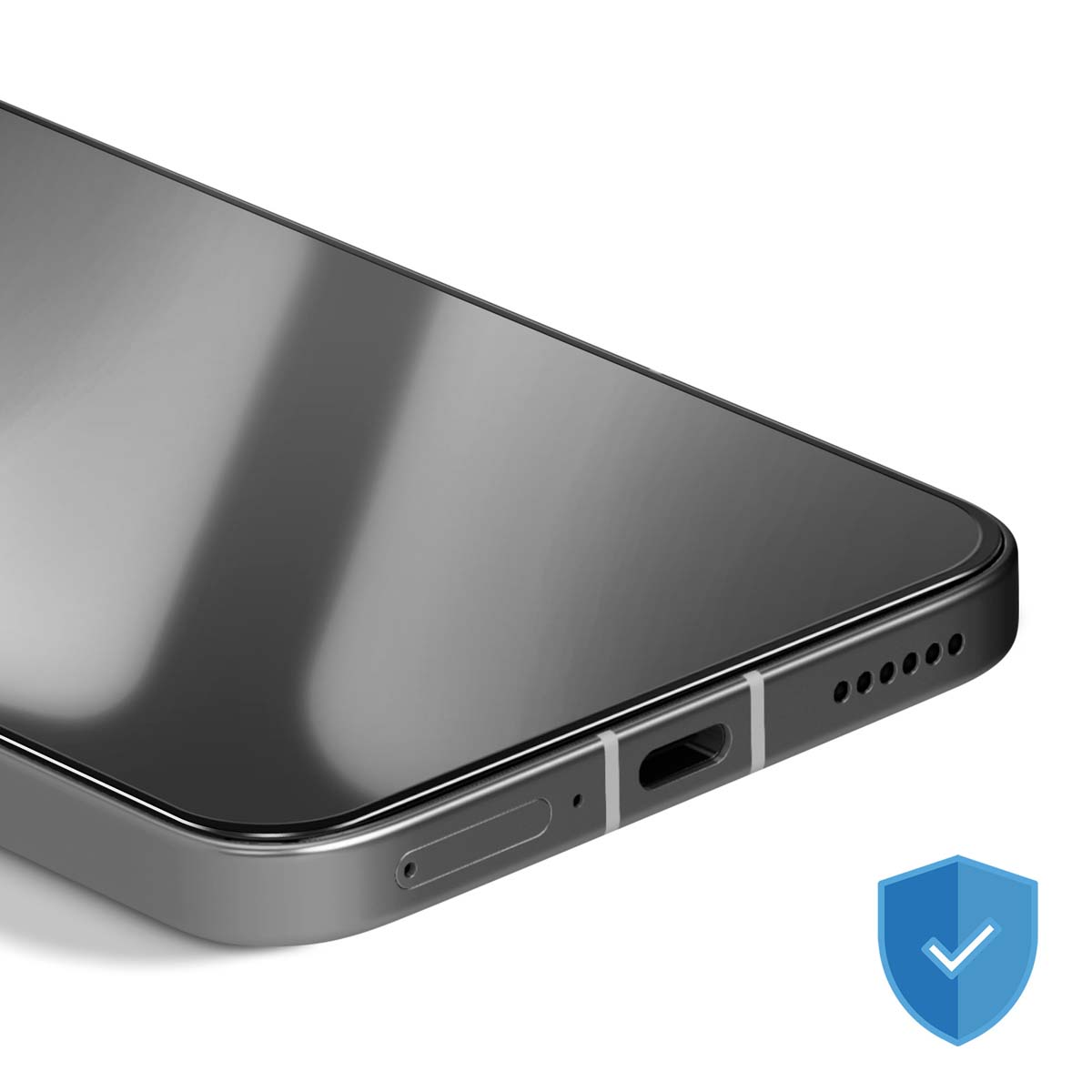 Primo piano di uno smartphone, che mostra lo schermo e il bordo inferiore. Un'icona blu a forma di scudo con un segno di spunta è nell'angolo.