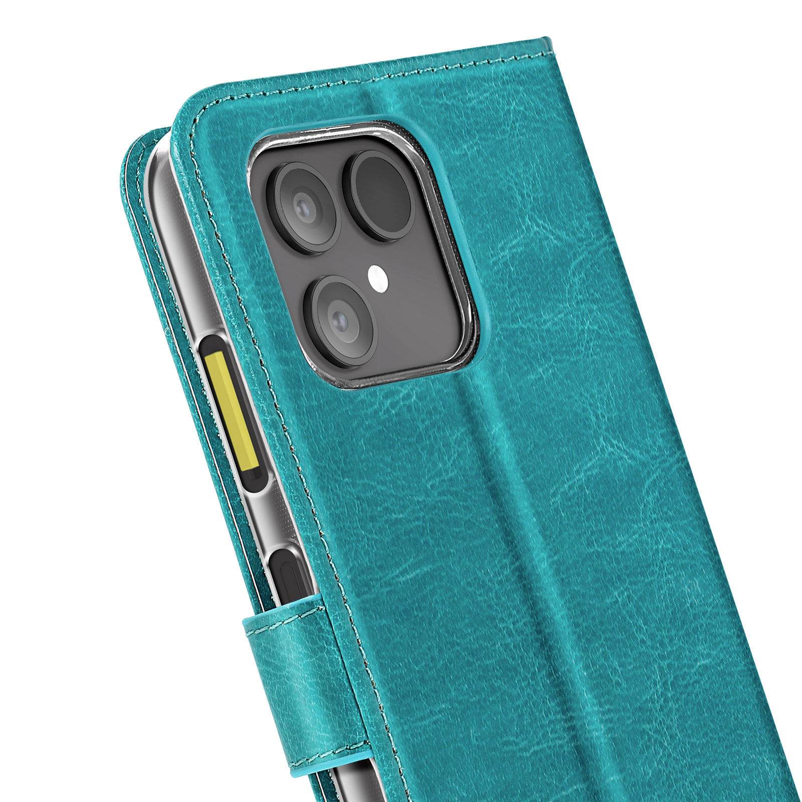 Primo piano di una custodia per telefono verde acqua con tre obiettivi. La cucitura è visibile.