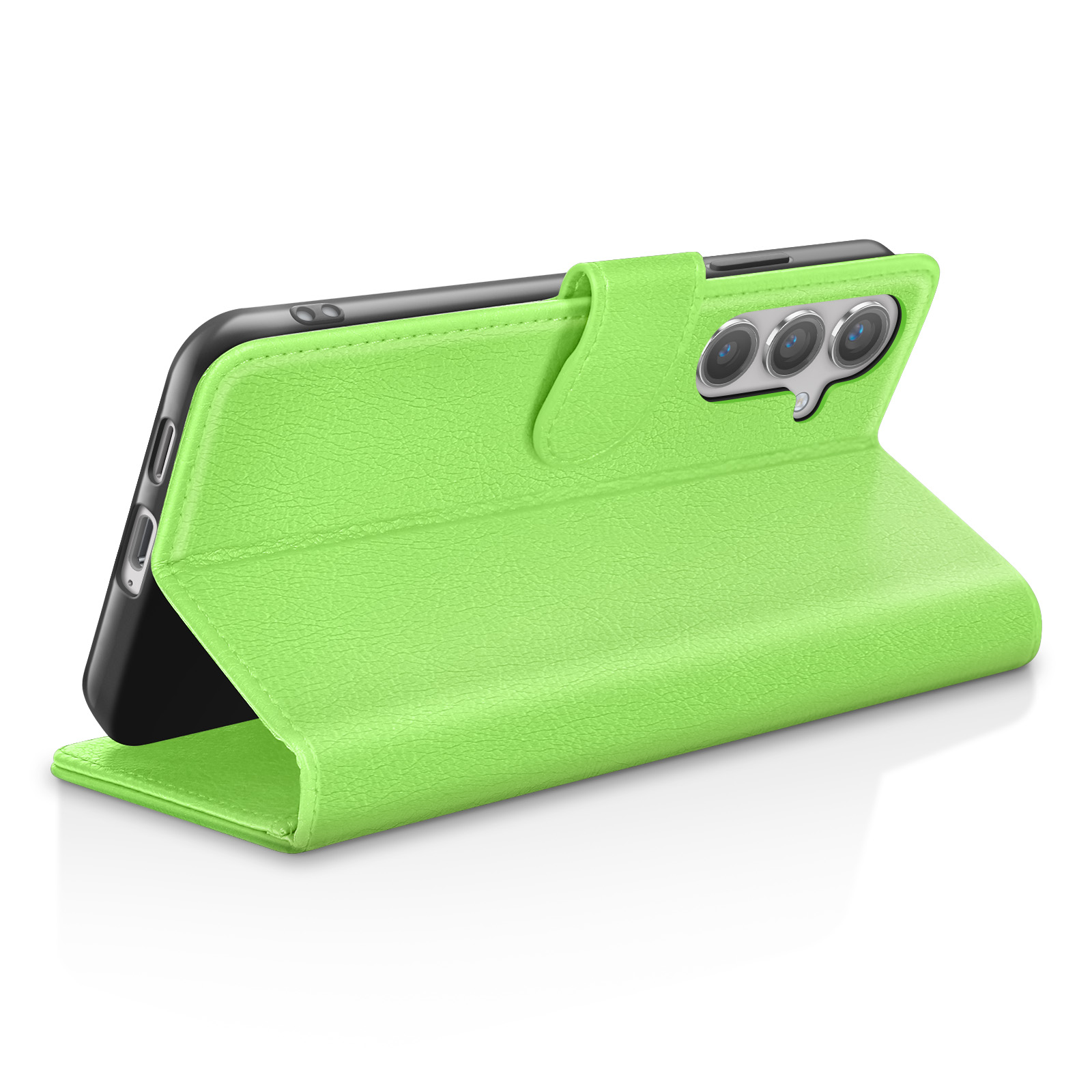 Un étui de téléphone vert avec un smartphone à l'intérieur, sur fond blanc. L'étui est ouvert.
