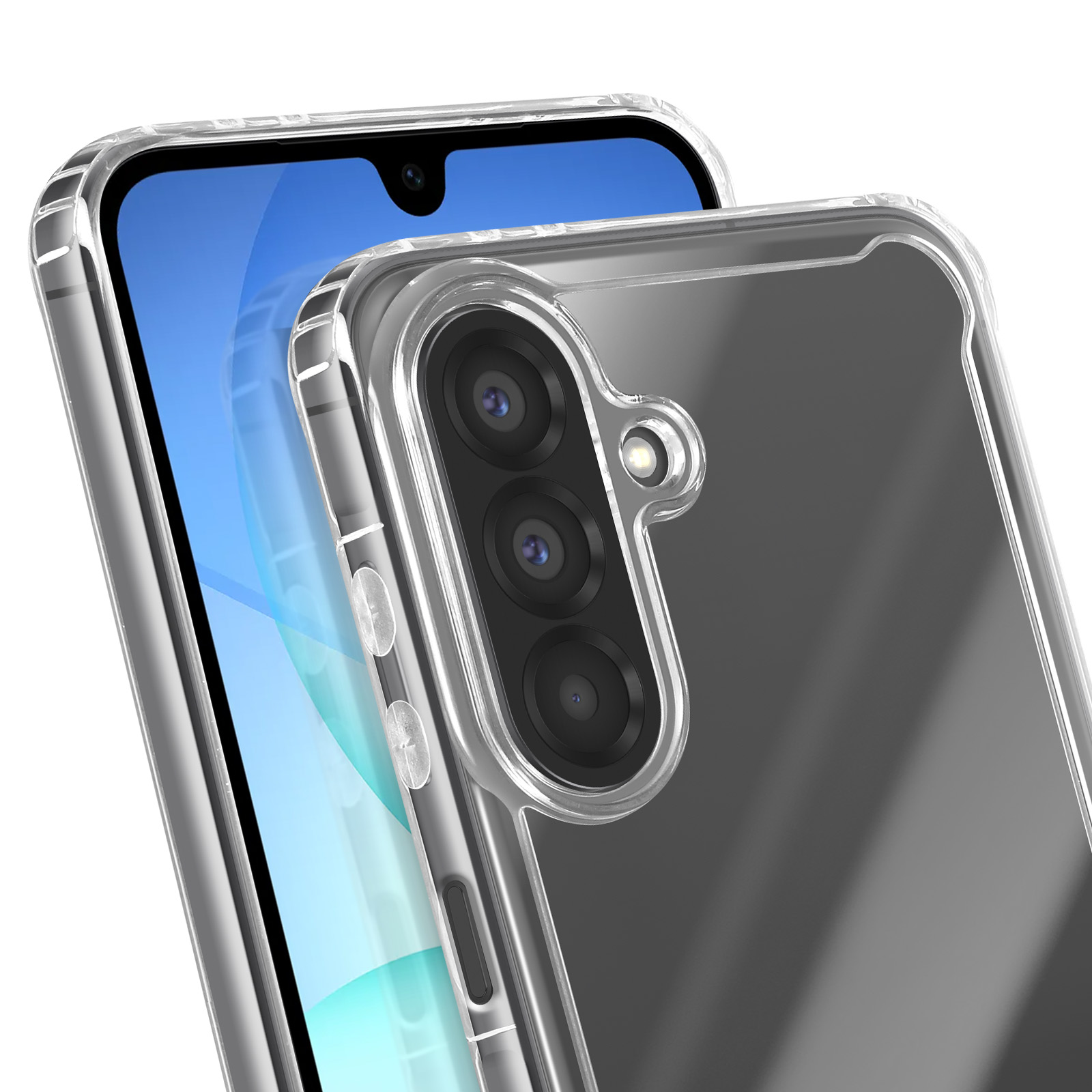 Une coque de téléphone transparente sur un smartphone. Le téléphone a un écran bleu. La coque a des découpes pour l'appareil photo.
