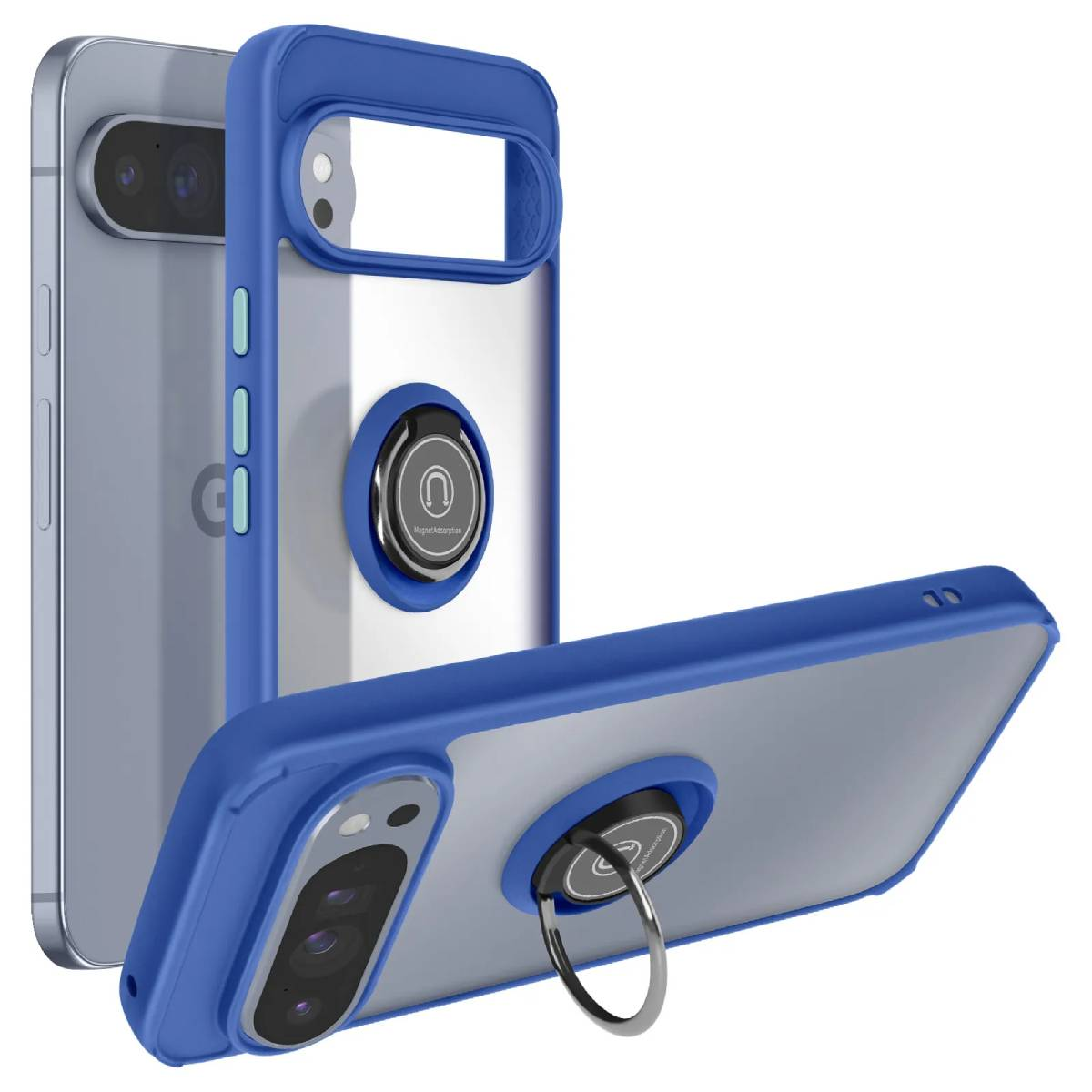 Drie blauwe en transparante telefoonhoesjes met ringhouders. Eén telefoon is zichtbaar. De hoesjes hebben een blauw frame.