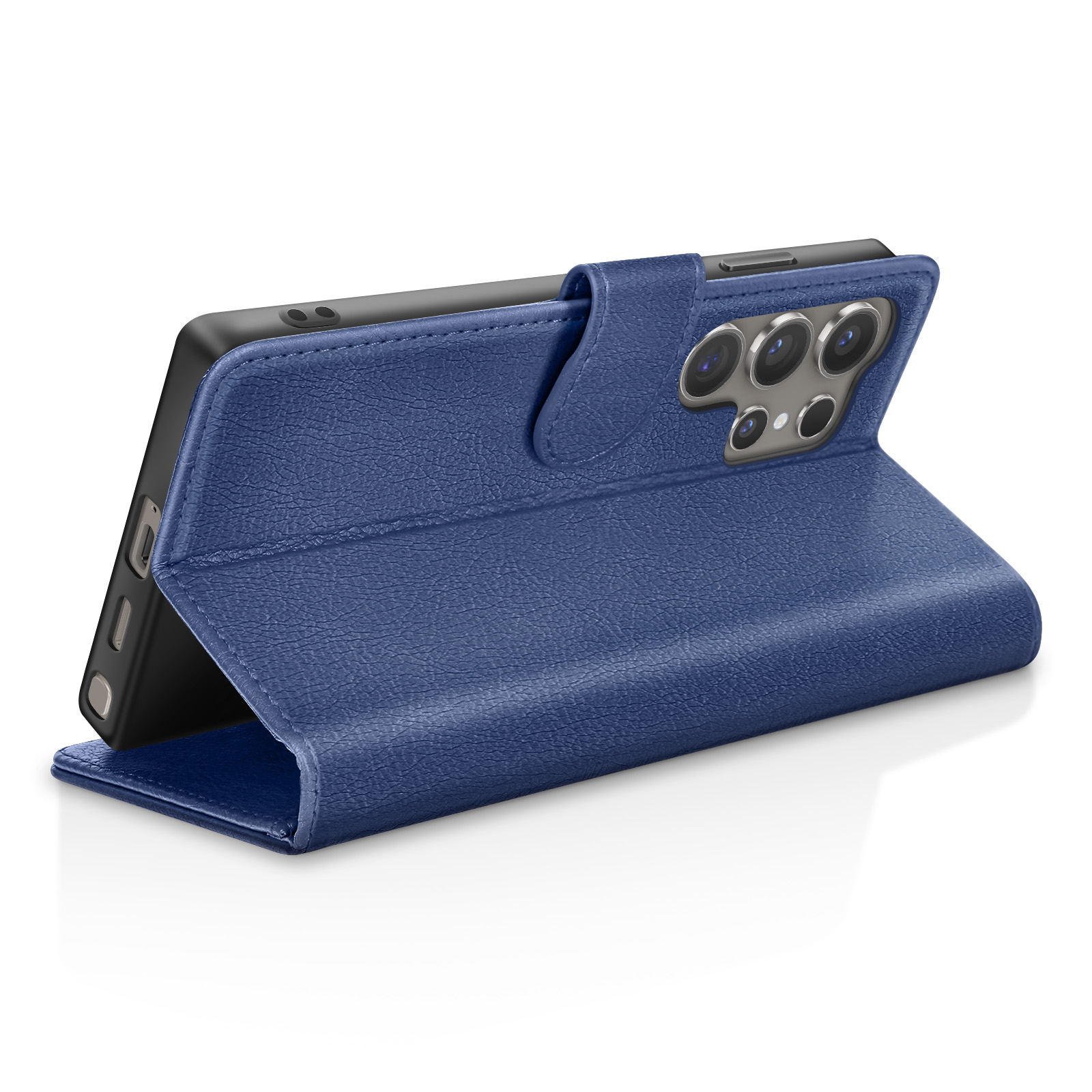 Een blauwe telefoonhoes is open, met een zwarte telefoon. De hoes is leerachtig met een magnetische sluiting.
