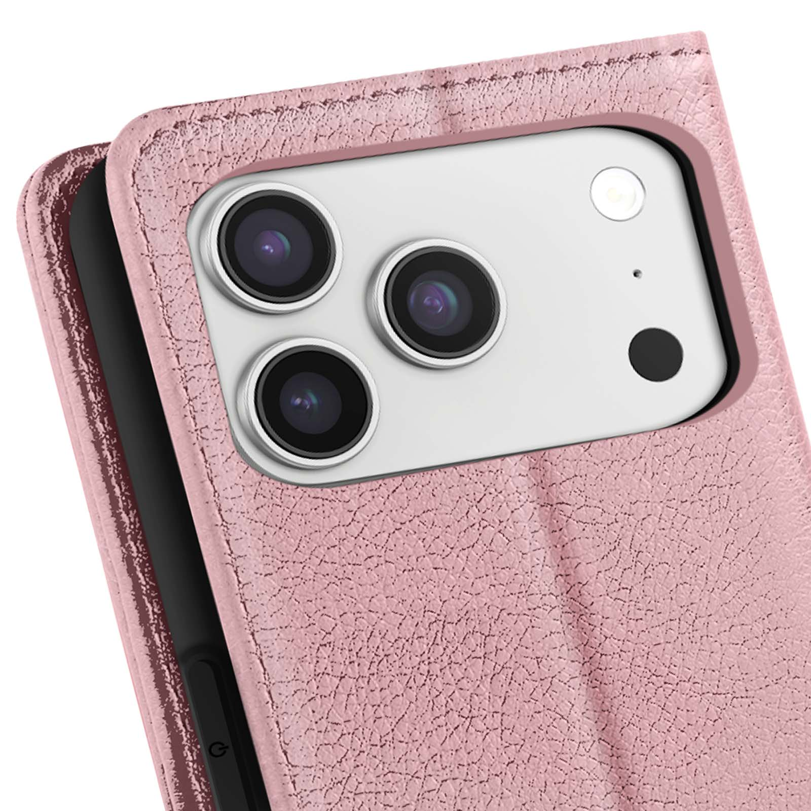 Primo piano di una custodia rosa per telefono con tre obiettivi. La custodia ha una superficie strutturata.