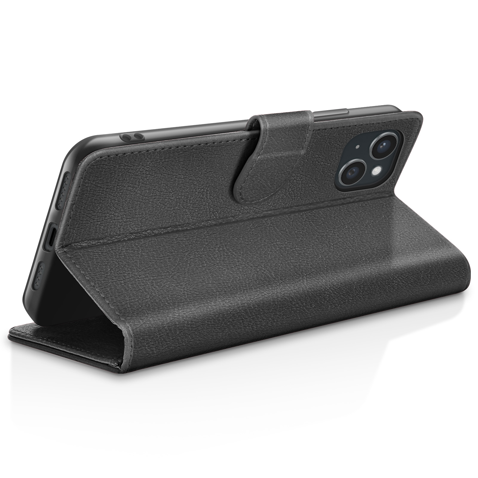 Zwarte telefoonhoes met telefoon erin, leertextuur, open. Witte achtergrond. Telefoon heeft camera en knoppen.