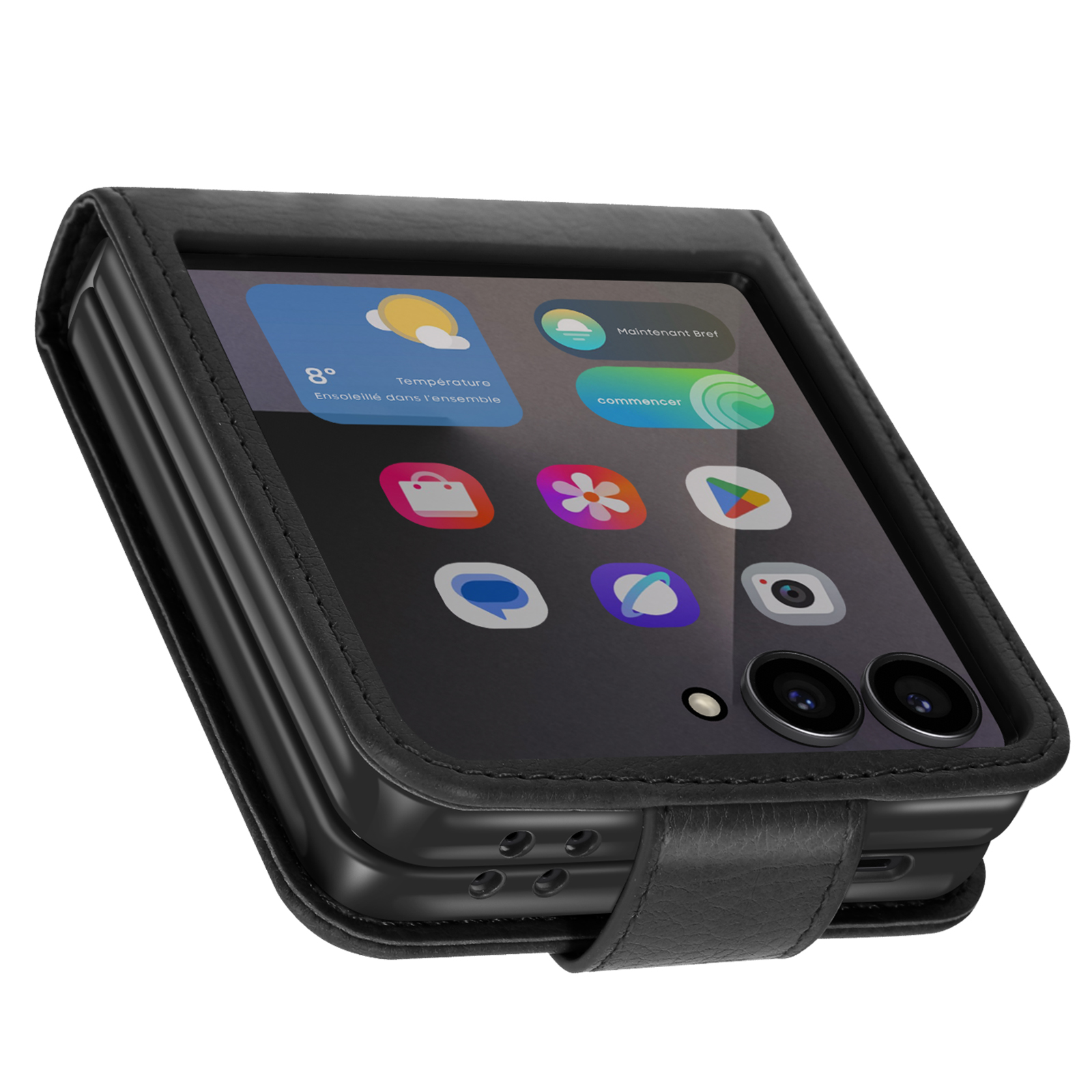 Un telefono nero in una custodia di pelle. Lo schermo mostra icone di app e informazioni meteo. La custodia ha una cinghia.