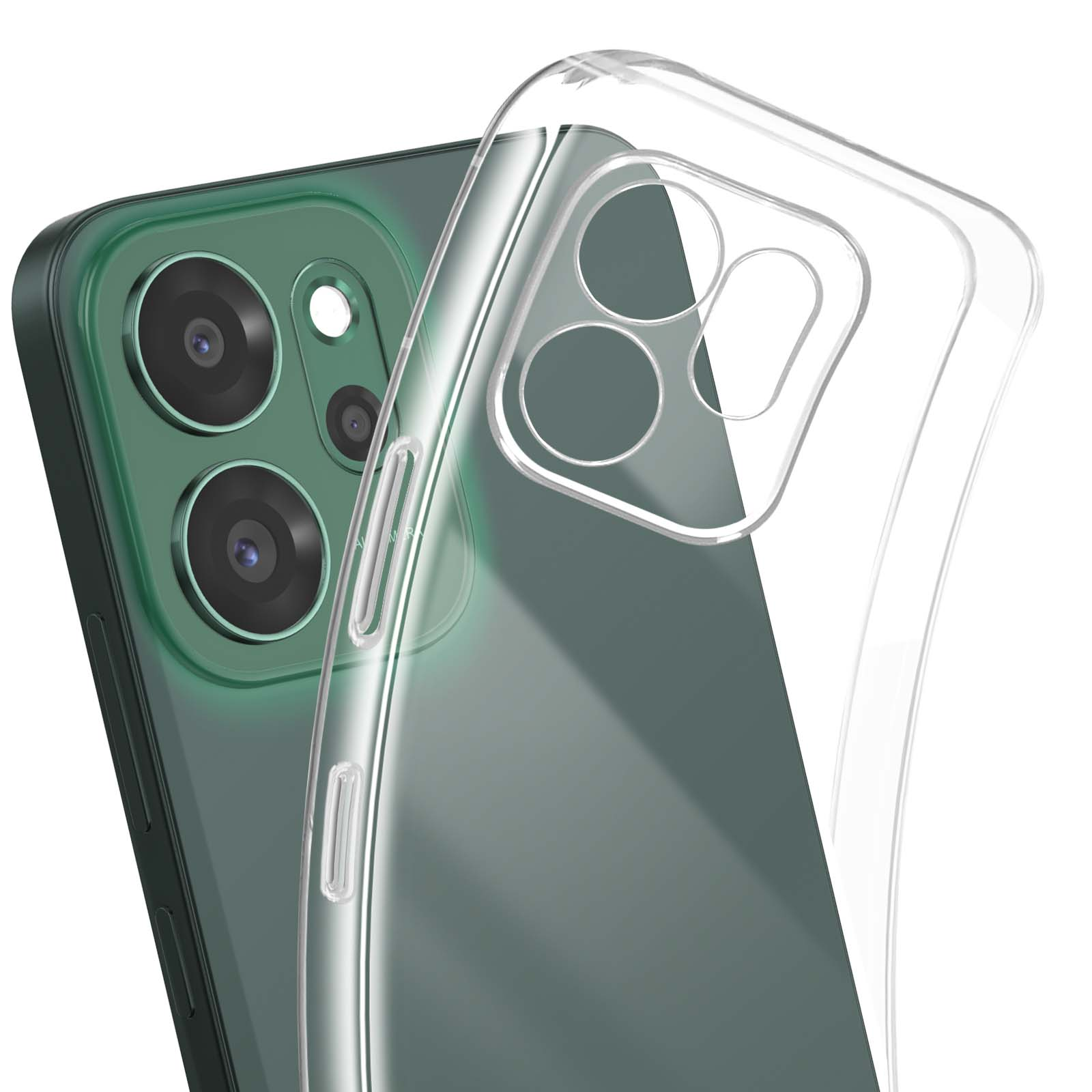 Un téléphone vert avec une coque transparente. La coque est sur le téléphone. Le téléphone a des caméras.