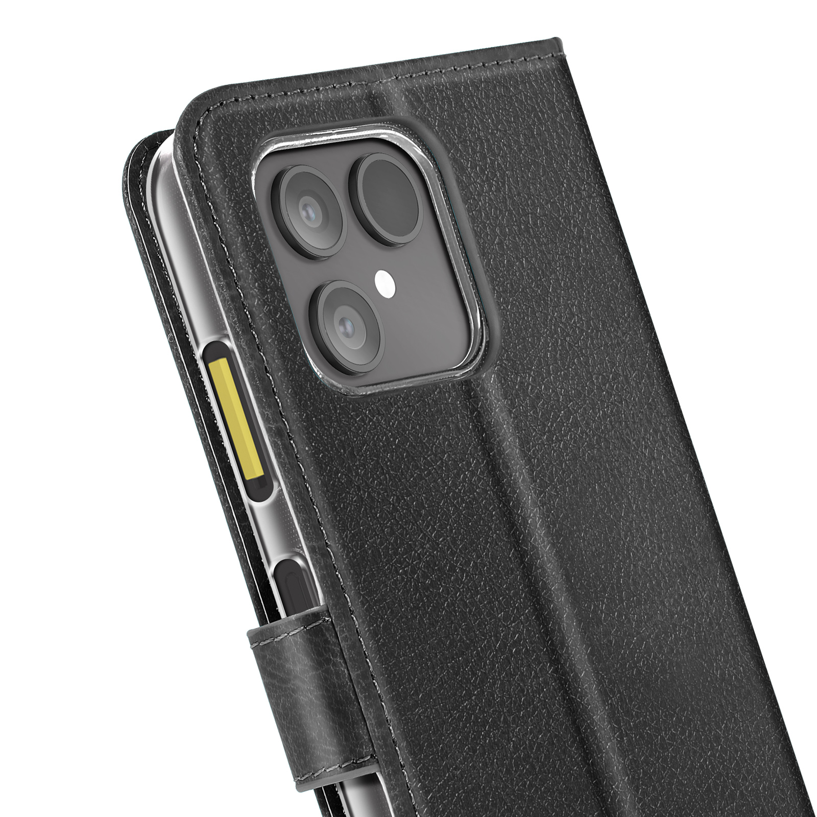Custodia nera per telefono con lenti della fotocamera visibili. La custodia è aperta, mostrando il retro e i pulsanti laterali.