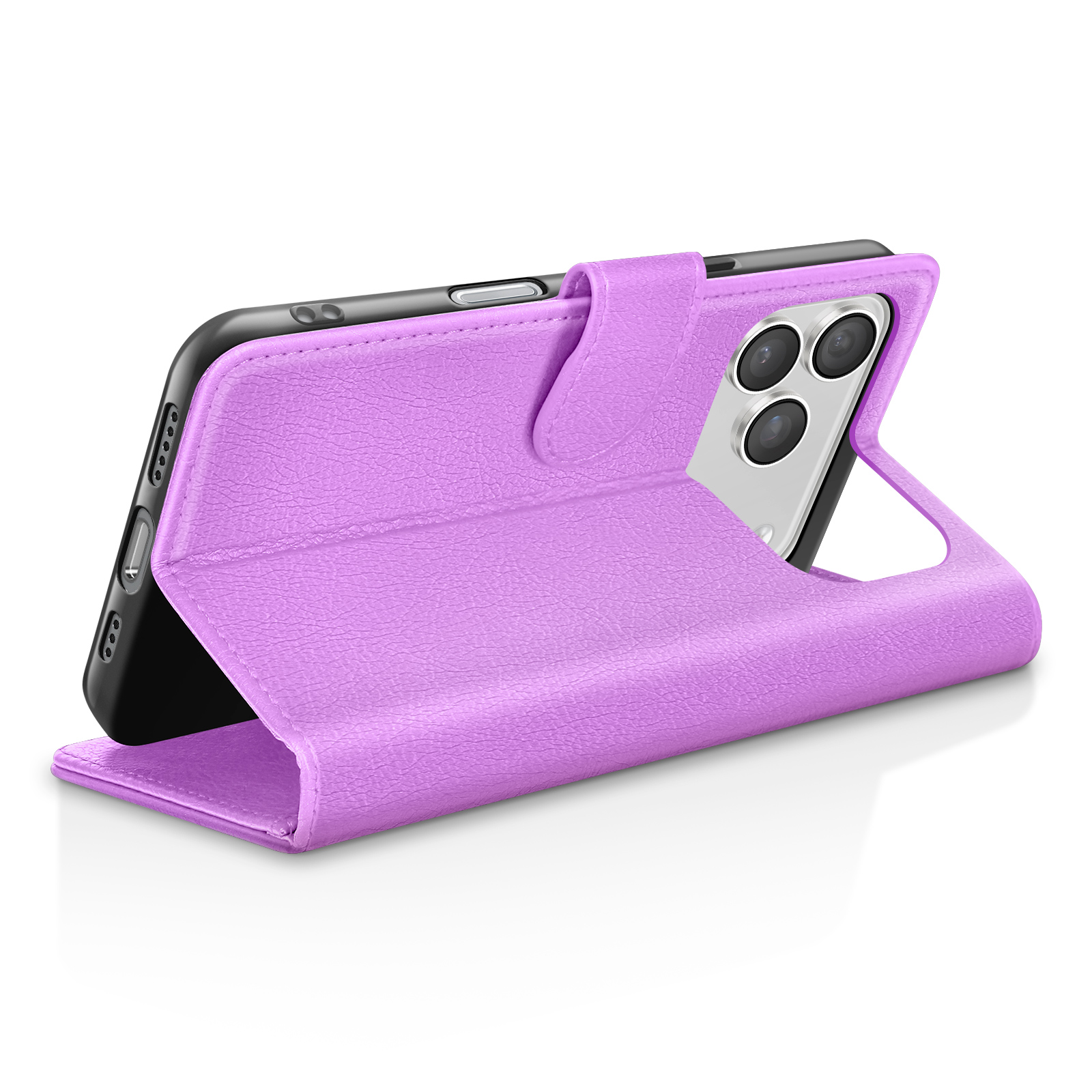 Un étui de téléphone lavande contient un téléphone noir. L'étui est ouvert, montrant l'appareil photo et les boutons du téléphone.