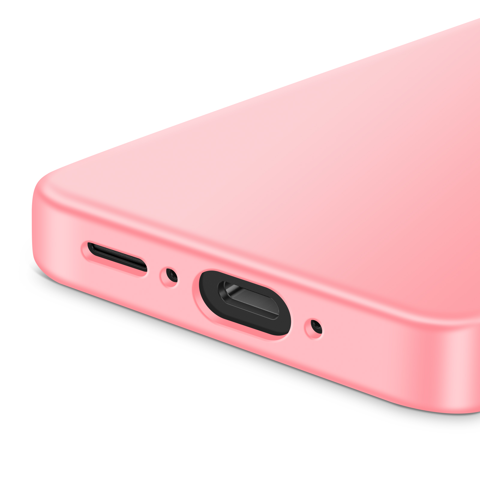 Gros plan d'une coque de téléphone rose avec des découpes pour les ports. Fond blanc.