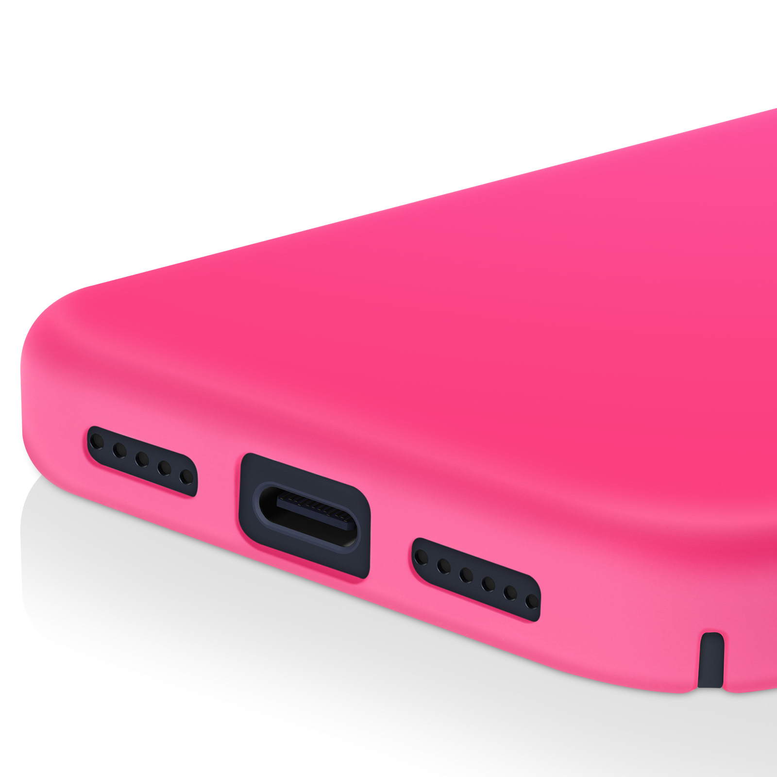 Close-up van een roze telefoonhoesje. Toont luidsprekergaten, een oplaadpoort en een aan/uit-knop op een witte achtergrond.