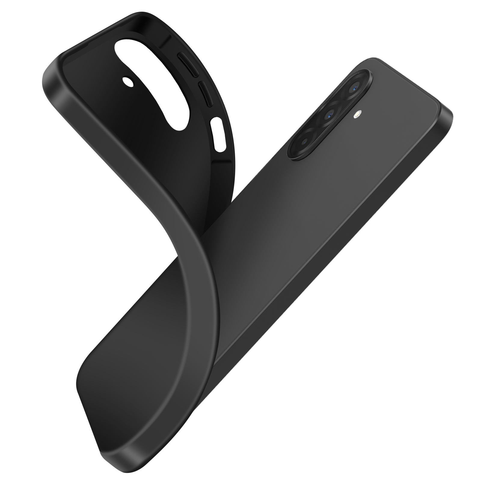 Un étui de téléphone noir est montré, partiellement ouvert, révélant le téléphone avec sa caméra. Le fond est blanc.