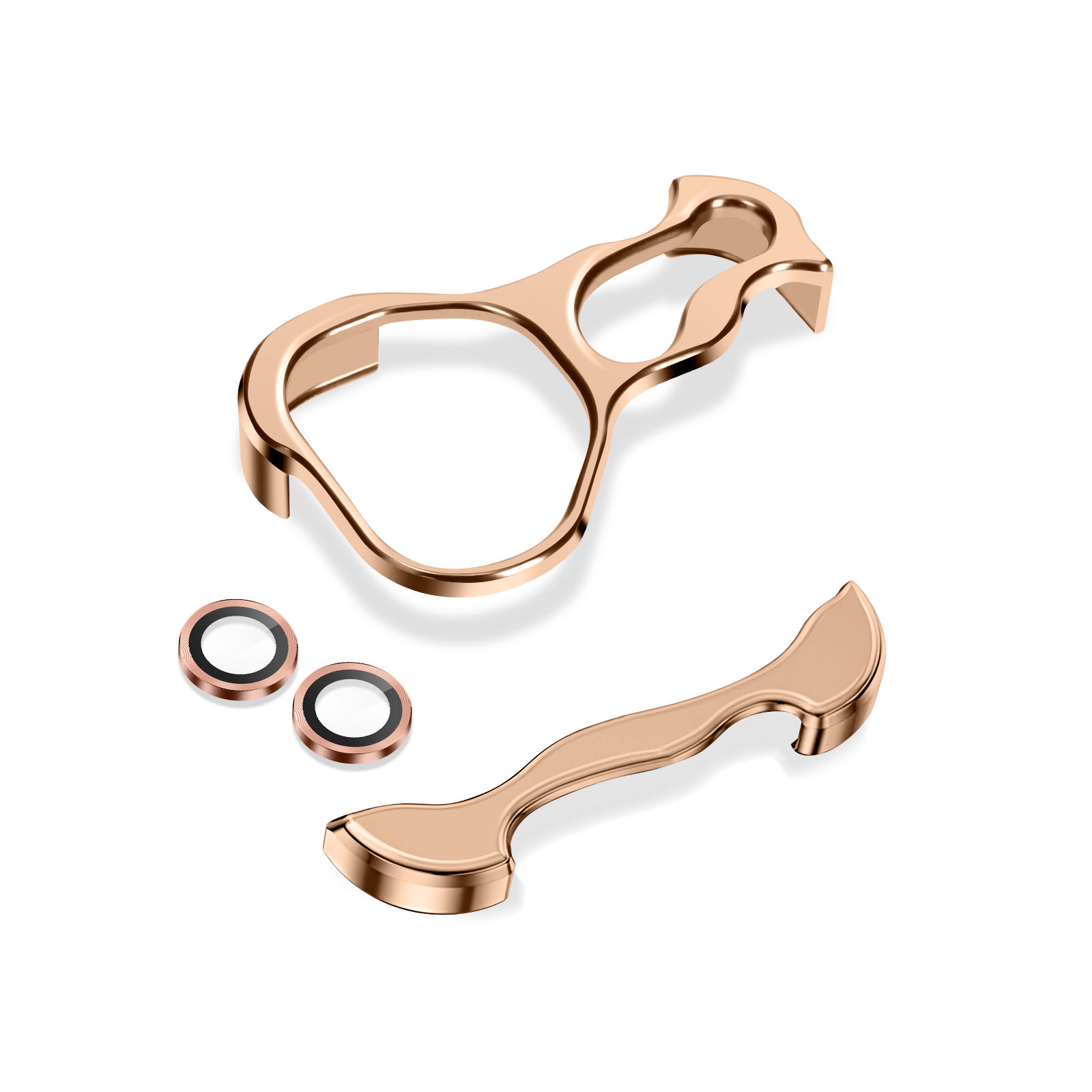Componenti della fotocamera in oro rosa su sfondo bianco: telaio, maniglia e due anelli per lenti.