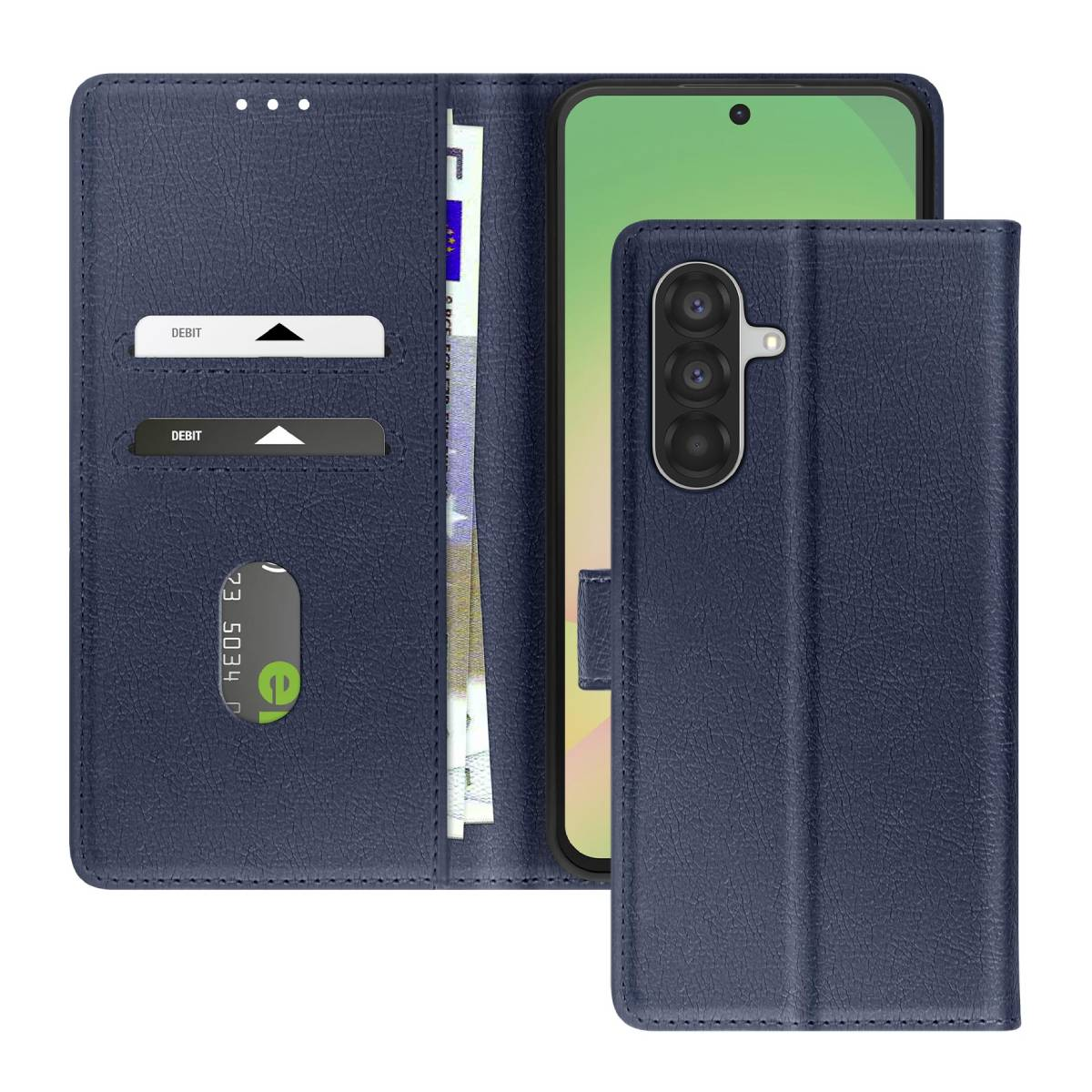 Custodia blu per telefono aperta, mostra telefono, carte e denaro. La custodia è simile alla pelle.