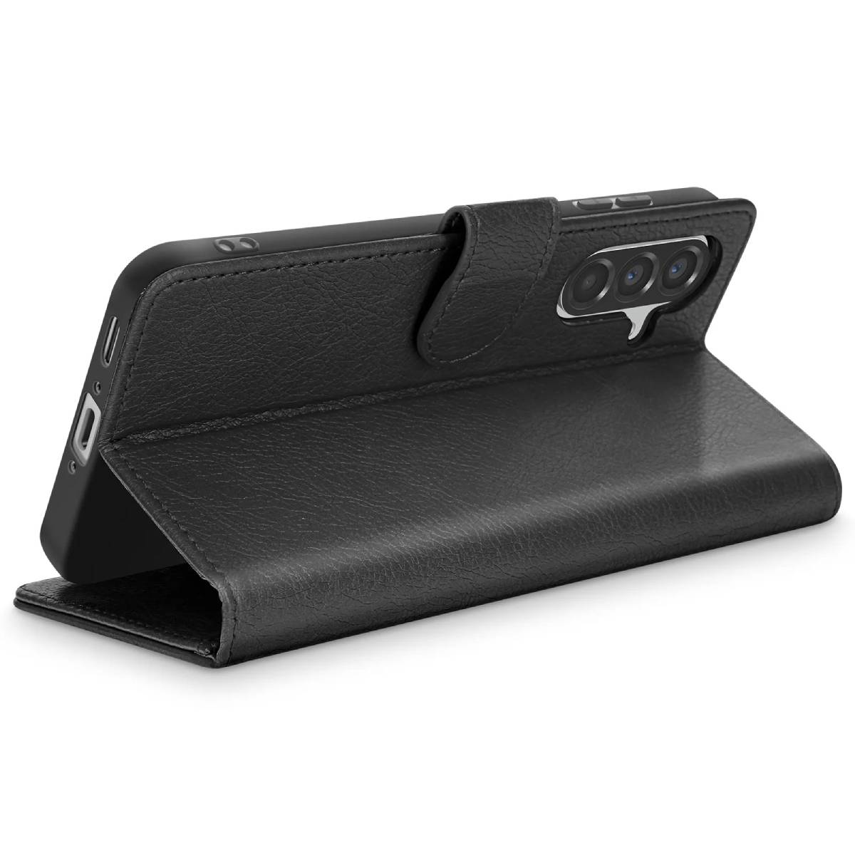 Eine schwarze Leder-Handyhülle ist geöffnet und gibt das Telefon frei. Die Hülle hat einen Magnetverschluss. Das Telefon hat drei Kameralinsen.