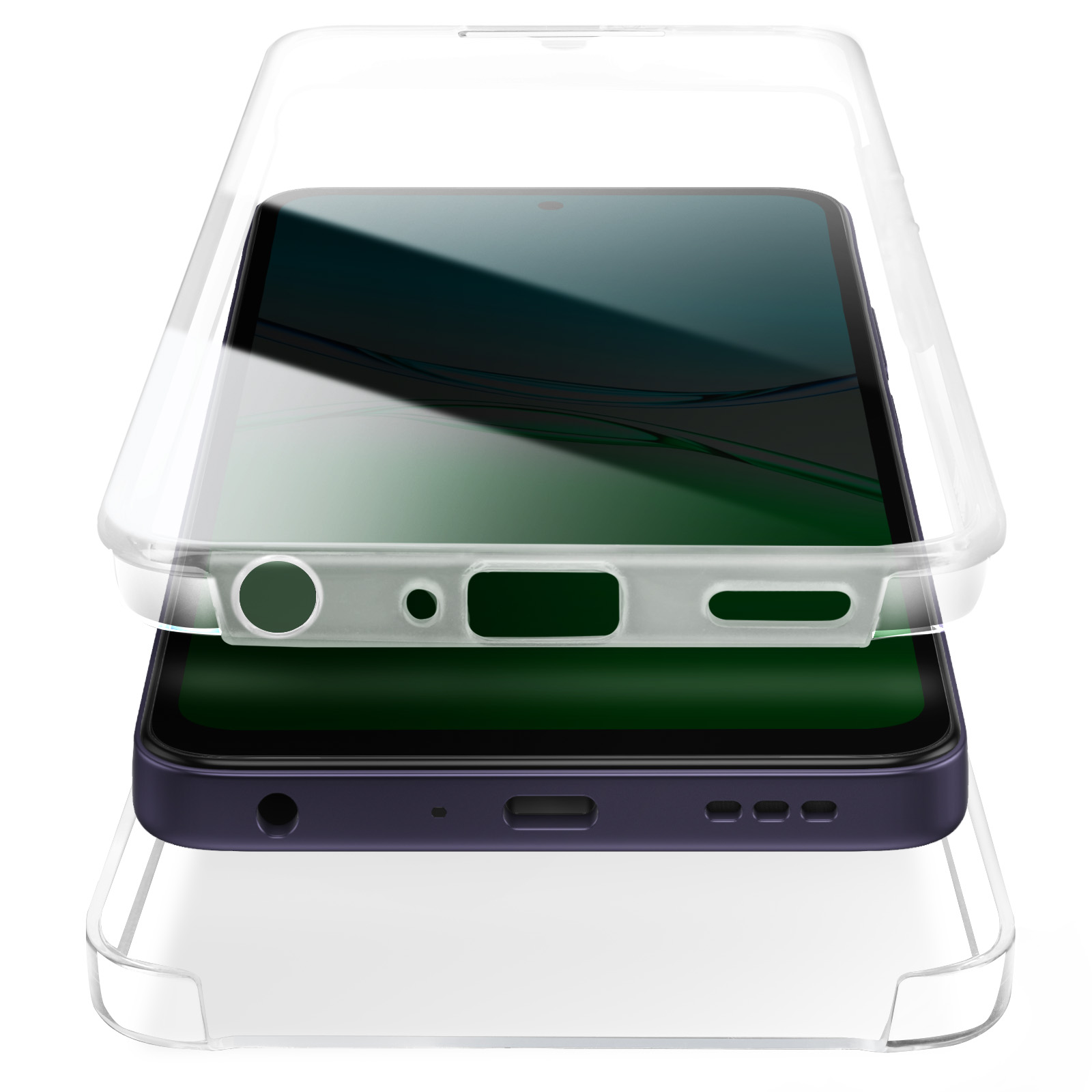 Un smartphone dans une coque transparente. Le téléphone est violet foncé avec un écran vert.