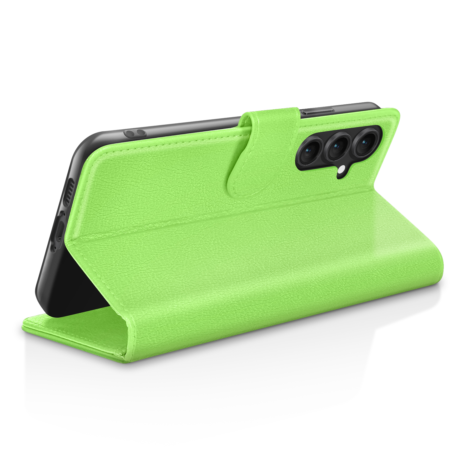 Un étui de téléphone vert, ouvert, avec un téléphone noir à l'intérieur. L'étui a une surface texturée et une fermeture magnétique.