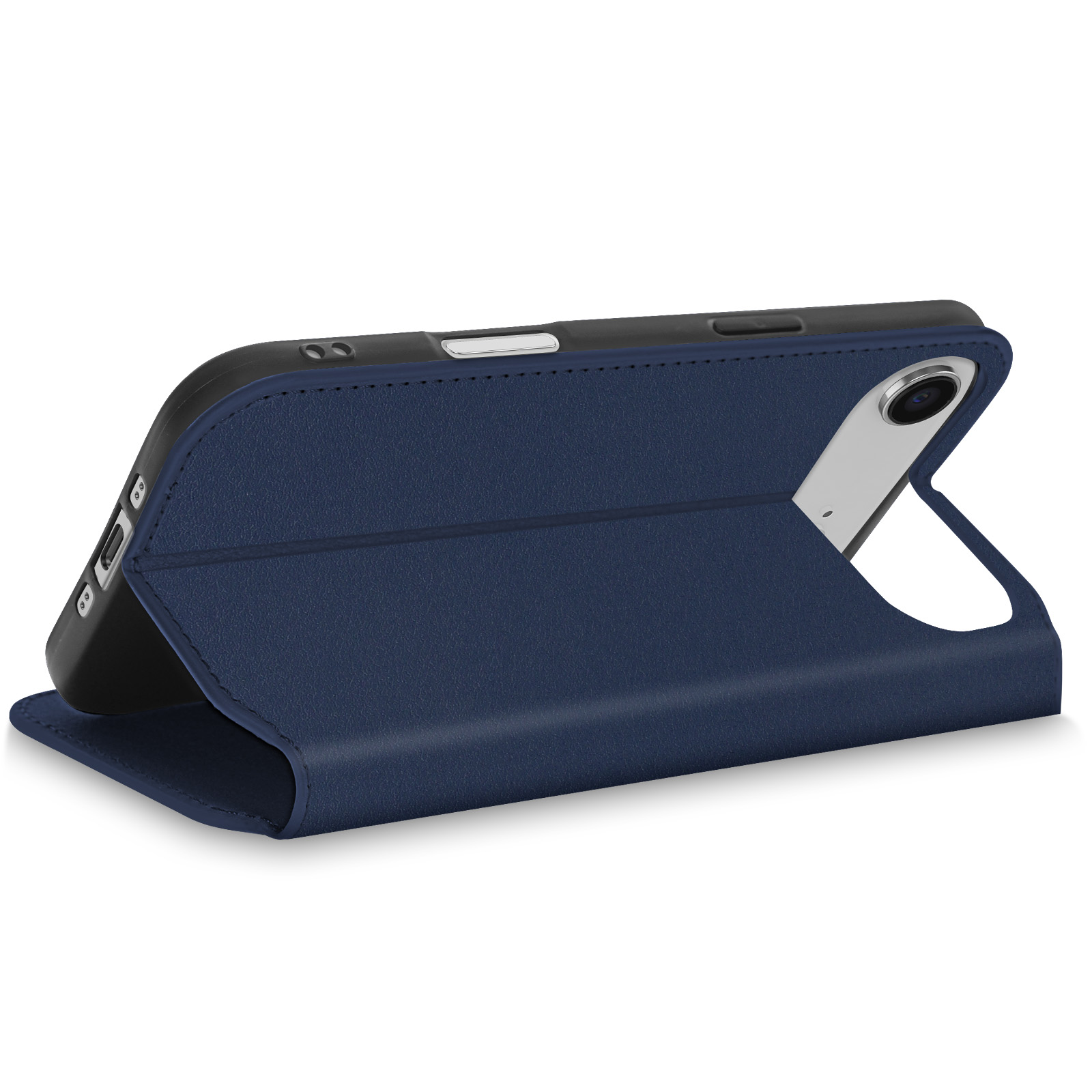 Una custodia blu scuro per telefono, aperta, che mostra la fotocamera posteriore del telefono. Sfondo bianco.