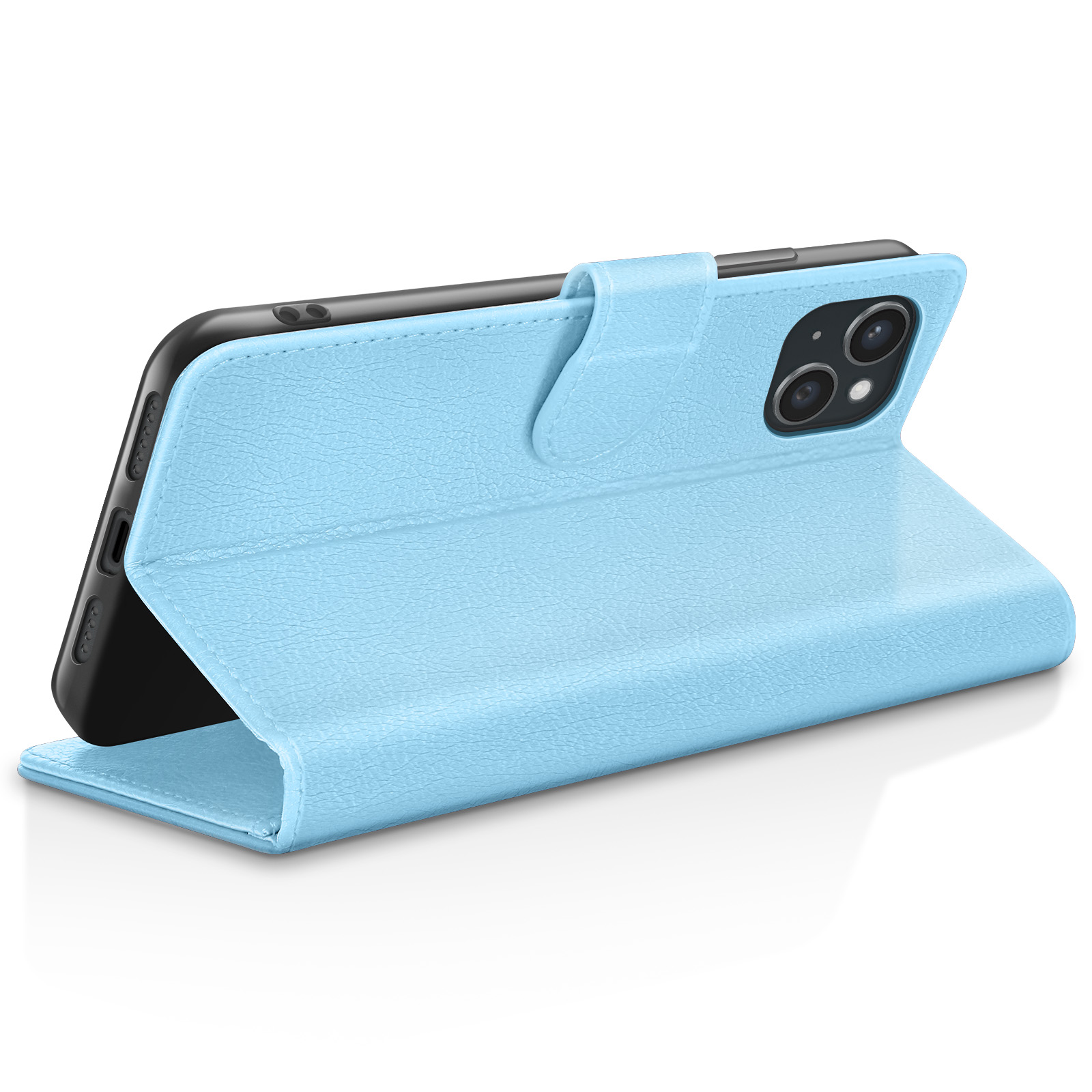 Een lichtblauwe telefoonhoes is open en toont de telefoon. De hoes is leerachtig, met een magnetische sluiting.